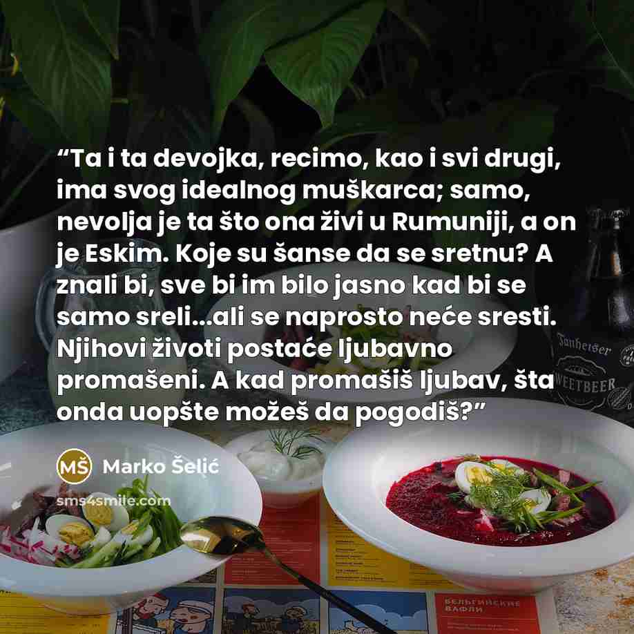 “Ta i ta devojka, recimo, kao i svi drugi, ima svog idealnog muškarca; samo, nevolja je ta što ona živi u Rumuniji, a on je Eskim. Koje su šanse da se sretnu? A znali bi, sve bi im bilo jasno kad bi se samo sreli...ali se naprosto neće sresti. Njihovi životi postaće ljubavno promašeni. A kad…” quote by Marko Šelić