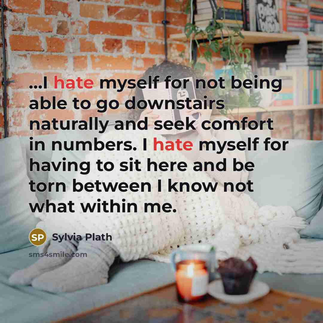 “…I hate myself for not being able to go downstairs naturally and seek comfort in numbers. I hate myself for having to sit here and be torn between I know not what within me.” quote by Sylvia Plath