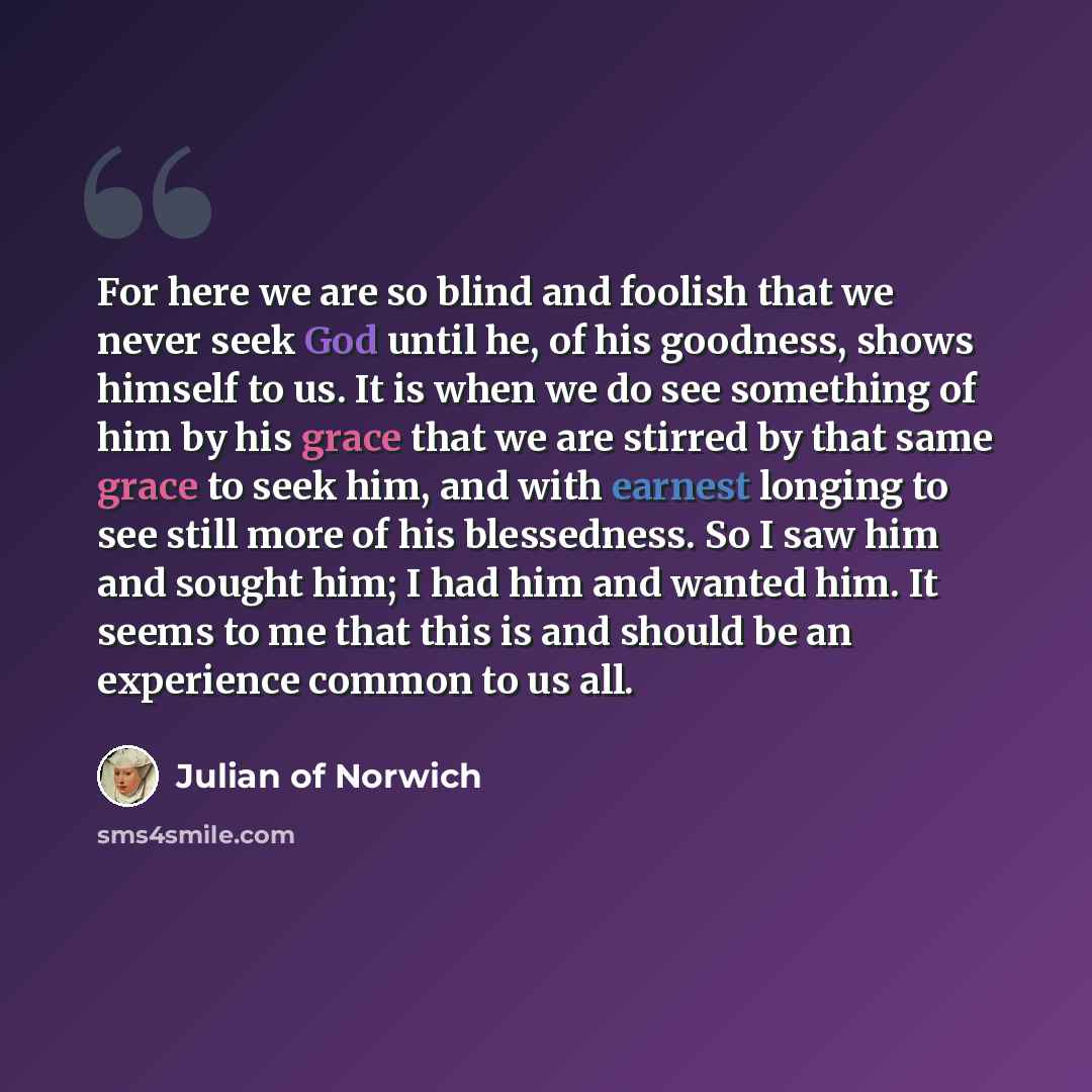 “For here we are so blind and foolish that we never seek God until he, of his goodness, shows himself to us. It is when we do see something of him by his grace that we are stirred by that same grace to seek him, and with earnest longing to see still more of his blessedness. So I saw him and sought…” quote by Julian of Norwich