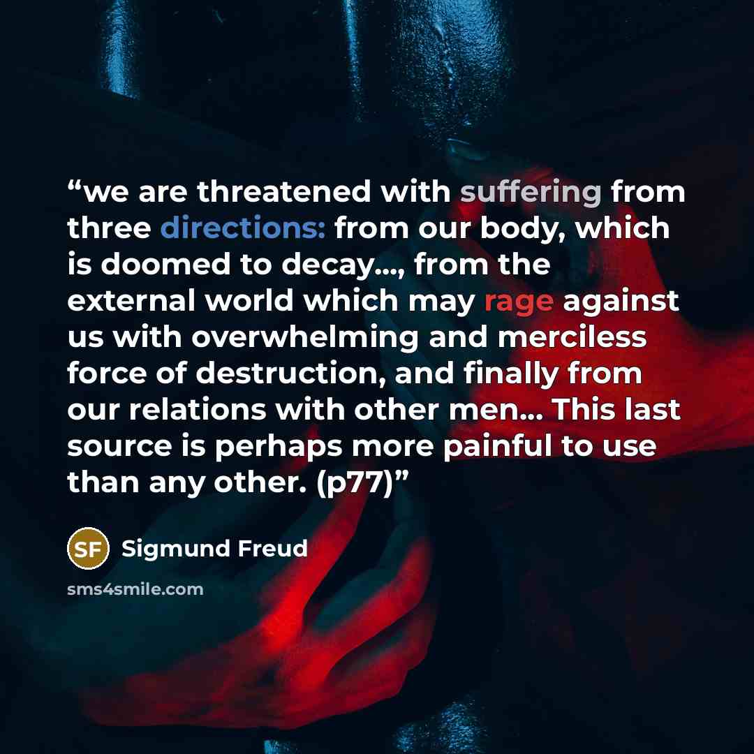 “we are threatened with suffering from three directions: from our body, which is doomed to decay..., from the external world which may rage against us with overwhelming and merciless force of destruction, and finally from our relations with other men... This last source is perhaps more painful to…” quote by Sigmund Freud