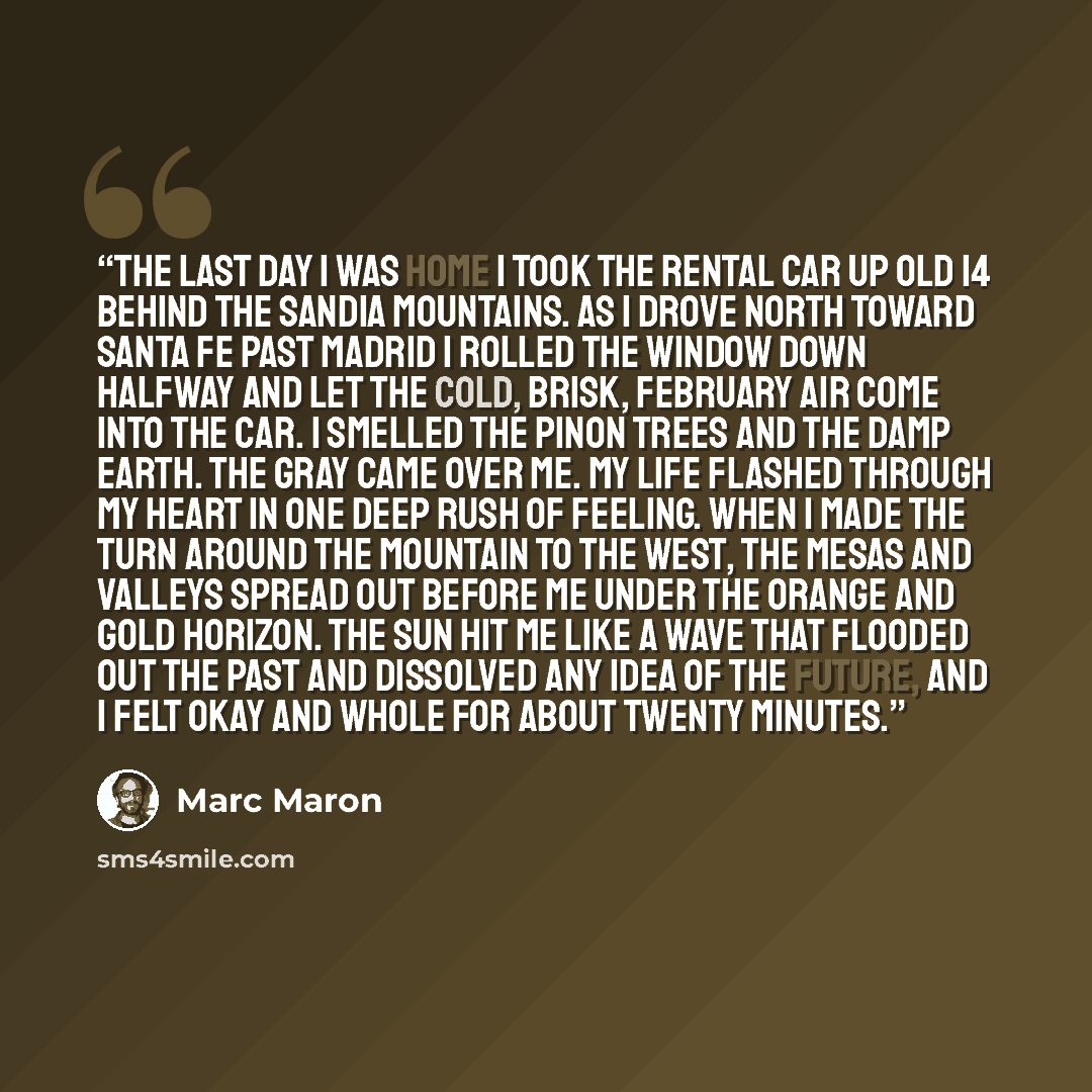 “The last day i was home i took the rental car up old 14 behind the Sandia Mountains. as i drove north toward Santa Fe past Madrid I rolled the window down halfway and let the cold, brisk, February air come into the car. I smelled the pinon trees and the damp earth. The Gray came over me. My life…” quote by Marc Maron