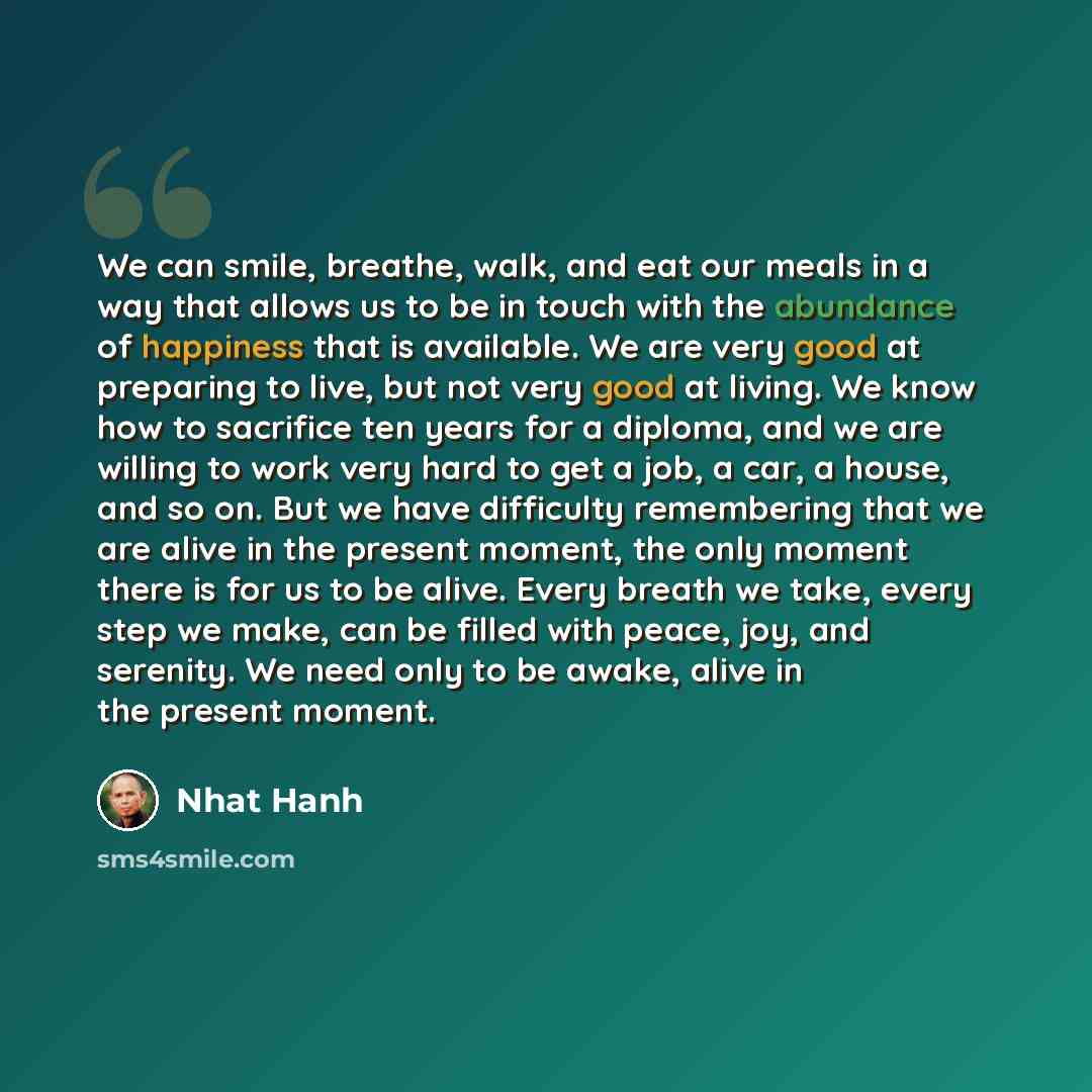 “We can smile, breathe, walk, and eat our meals in a way that allows us to be in touch with the abundance of happiness that is available. We are very good at preparing to live, but not very good at living. We know how to sacrifice ten years for a diploma, and we are willing to work very hard to get…” quote by Nhat Hanh
