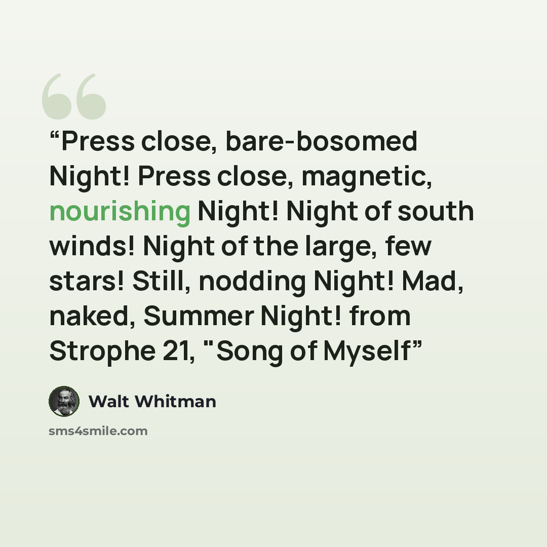 “Press close, bare-bosomed Night! Press close, magnetic, nourishing Night! Night of south winds! Night of the large, few stars! Still, nodding Night! Mad, naked, Summer Night! from Strophe 21, "Song of Myself” quote by Walt Whitman