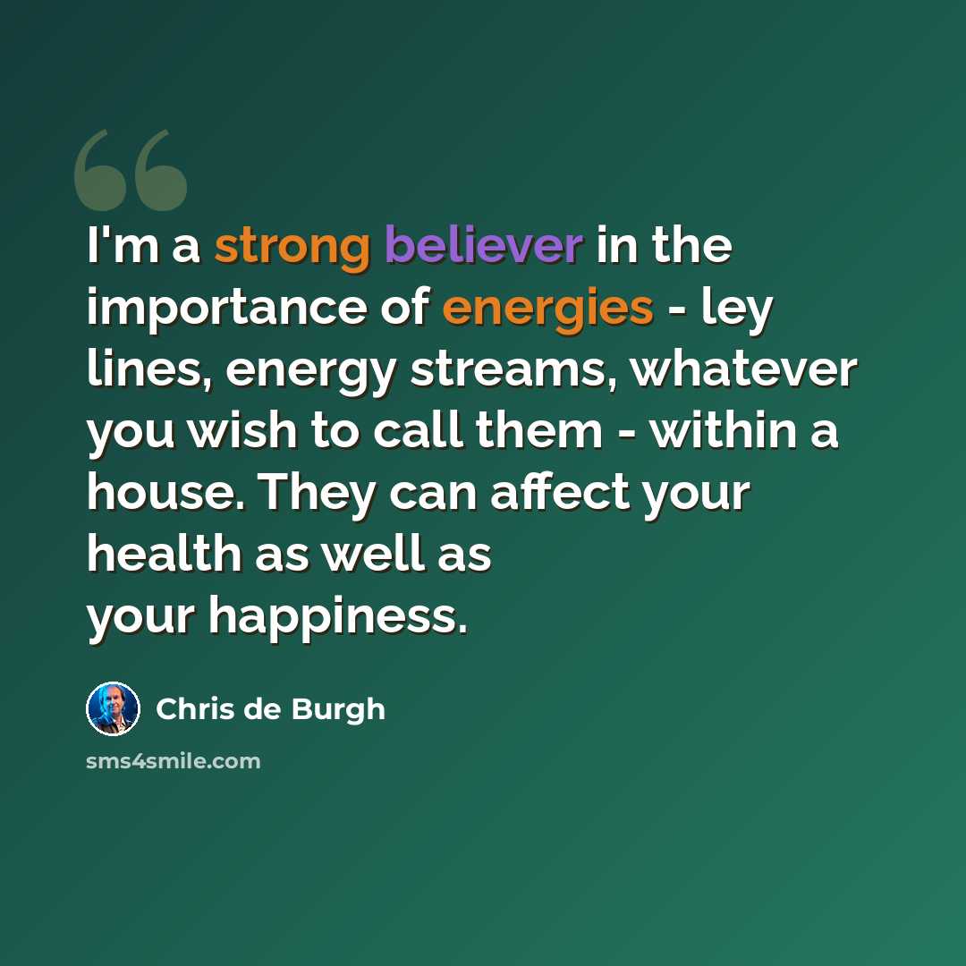 “I'm a strong believer in the importance of energies - ley lines, energy streams, whatever you wish to call them - within a house. They can affect your health as well as your happiness.” quote by Chris de Burgh