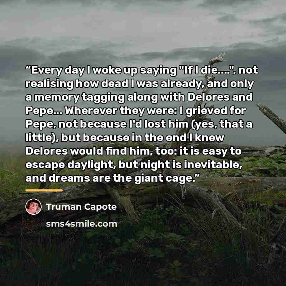 “Every day I woke up saying "If I die…", not realising how dead I was already, and only a memory tagging along with Delores and Pepe... Wherever they were: I grieved for Pepe, not because I'd lost him (yes, that a little), but because in the end I knew Delores would find him, too: it is easy to…” quote by Truman Capote