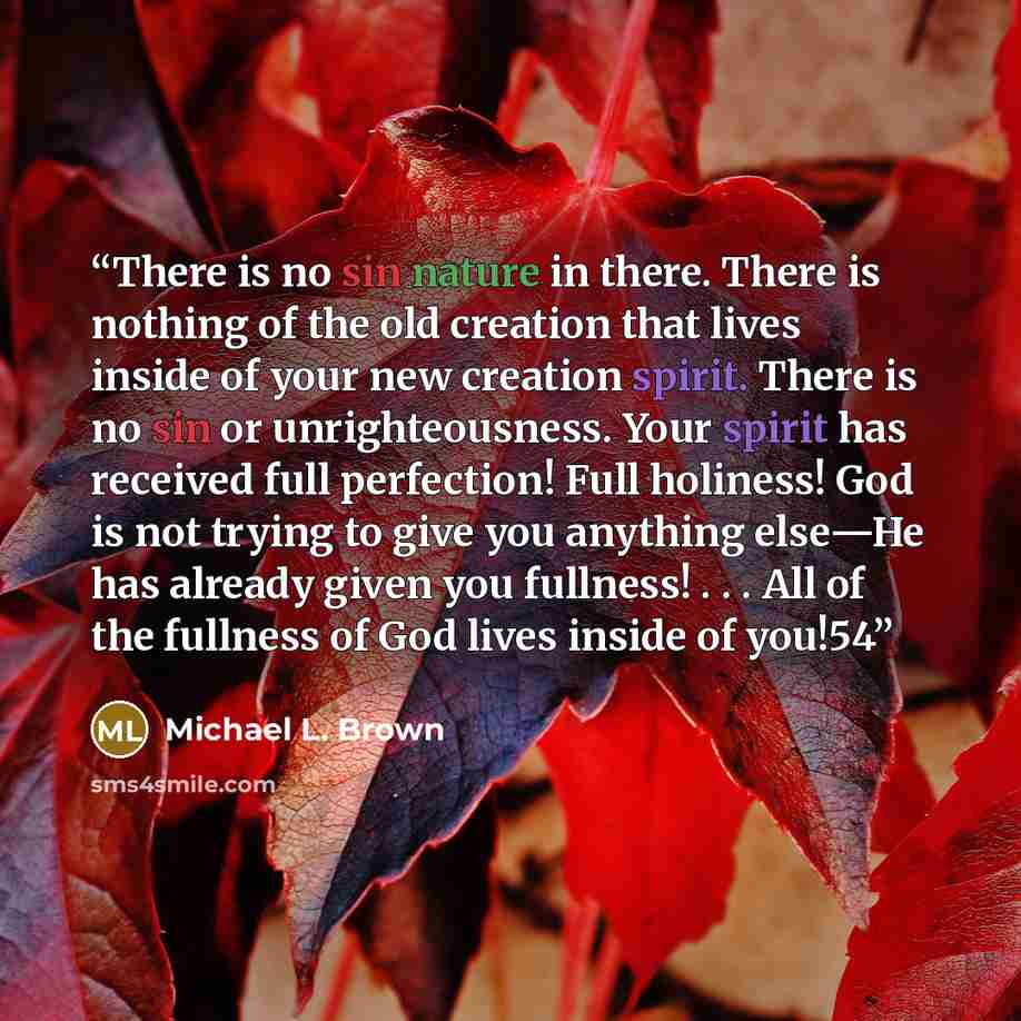 “There is no sin nature in there. There is nothing of the old creation that lives inside of your new creation spirit. There is no sin or unrighteousness. Your spirit has received full perfection! Full holiness! God is not trying to give you anything else—He has already given you fullness! . . . All…” quote by Michael L. Brown