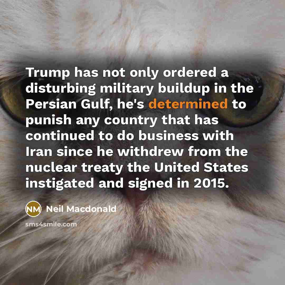 “Trump has not only ordered a disturbing military buildup in the Persian Gulf, he's determined to punish any country that has continued to do business with Iran since he withdrew from the nuclear treaty the United States instigated and signed in 2015.” quote by Neil Macdonald