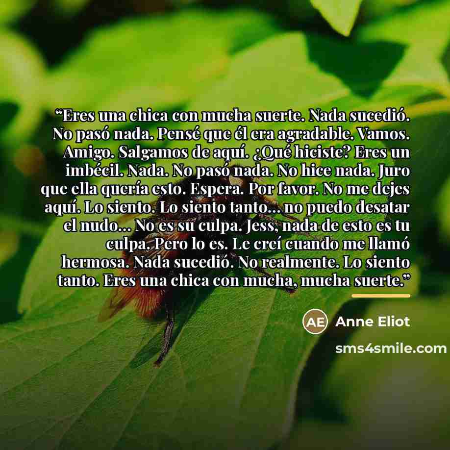 “Eres una chica con mucha suerte. Nada sucedió. No pasó nada. Pensé que él era agradable. Vamos. Amigo. Salgamos de aquí. ¿Qué hiciste? Eres un imbécil. Nada. No pasó nada. No hice nada. Juro que ella quería esto. Espera. Por favor. No me dejes aquí. Lo siento. Lo siento tanto… no puedo desatar el…” quote by Anne Eliot