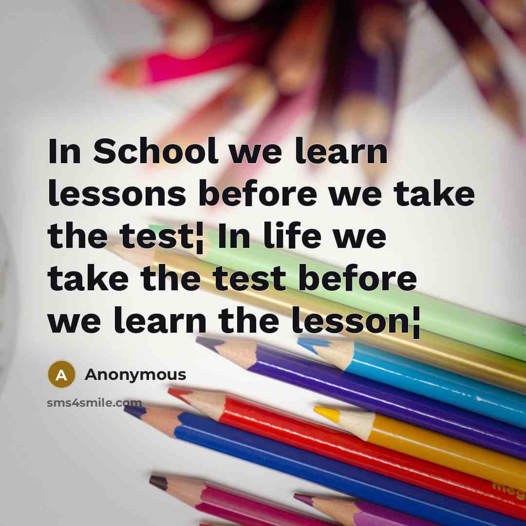 “In School we learn lessons before we take the test¦ In life we take the test before we learn the lesson¦” quote by Anonymous