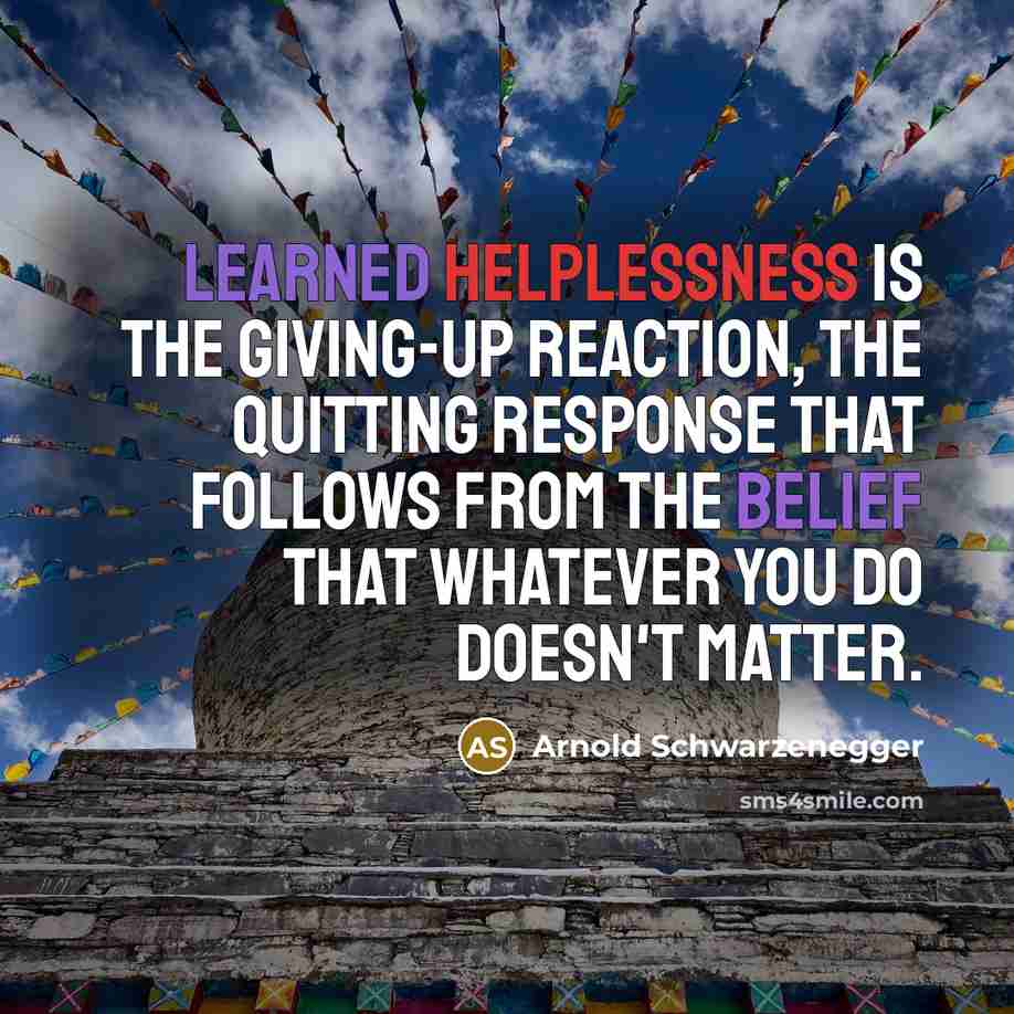 “Learned helplessness is the giving-up reaction, the quitting response that follows from the belief that whatever you do doesn't matter.” quote by Arnold Schwarzenegger