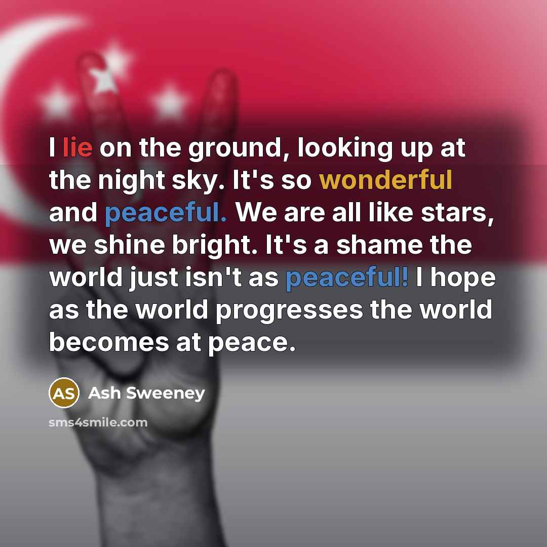 “I lie on the ground, looking up at the night sky. It's so wonderful and peaceful. We are all like stars, we shine bright. It's a shame the world just isn't as peaceful! I hope as the world progresses the world becomes at peace.” quote by Ash Sweeney