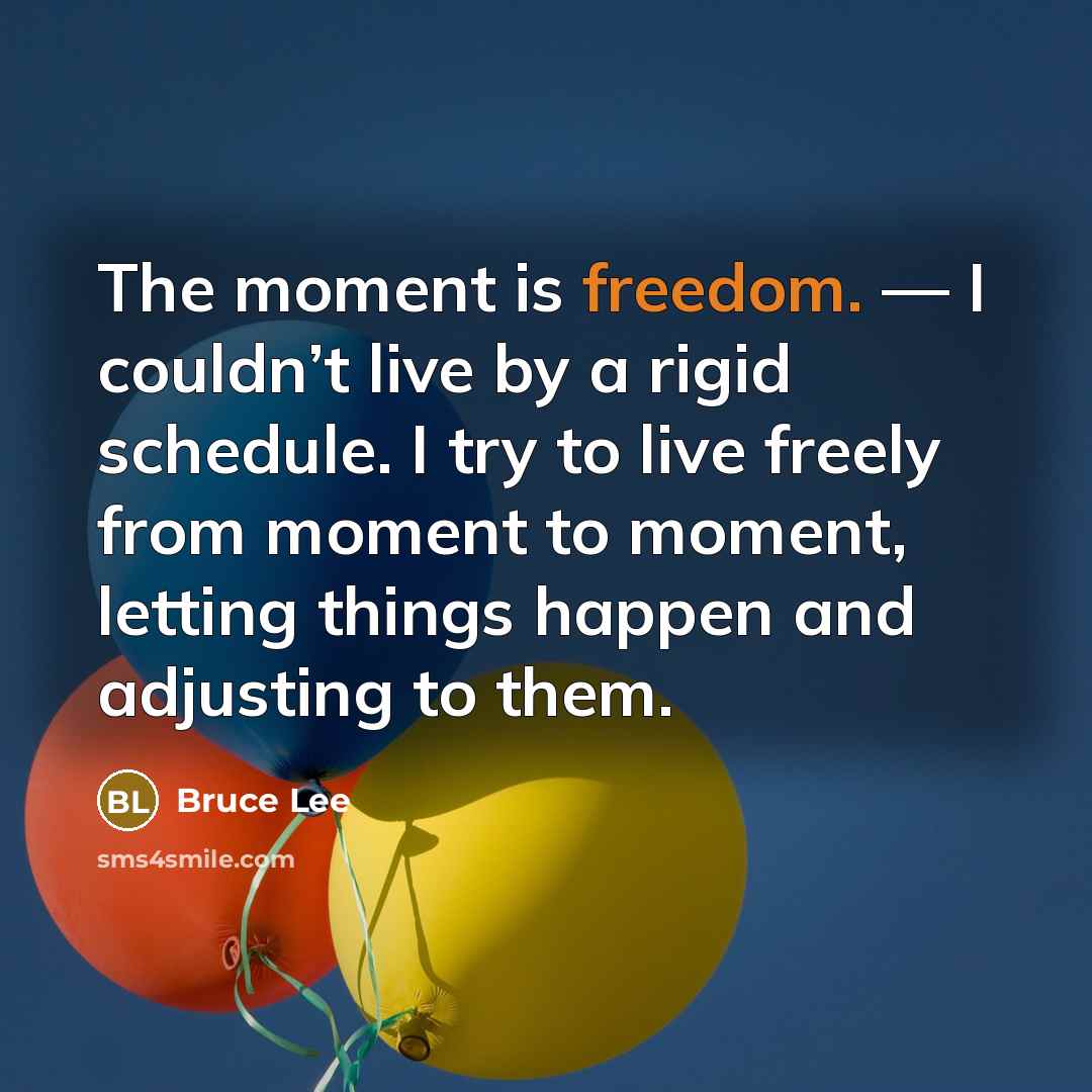 “The moment is freedom. — I couldn’t live by a rigid schedule. I try to live freely from moment to moment, letting things happen and adjusting to them.” quote by Bruce Lee