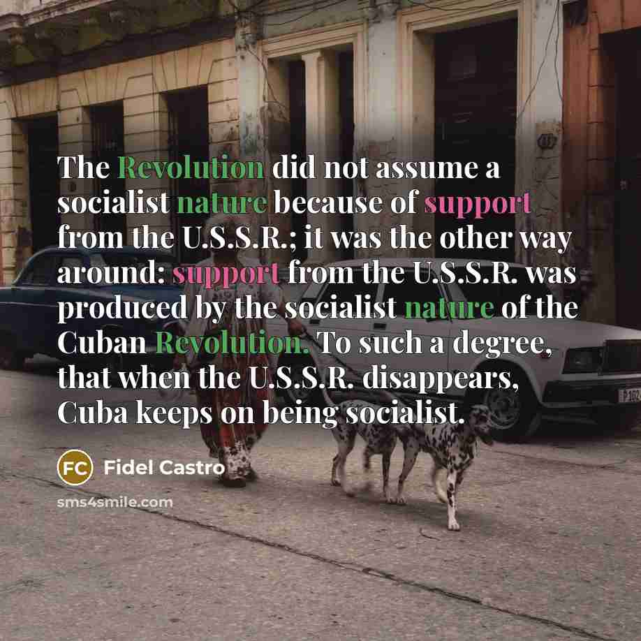 “The Revolution did not assume a socialist nature because of support from the U.S.S.R.; it was the other way around: support from the U.S.S.R. was produced by the socialist nature of the Cuban Revolution. To such a degree, that when the U.S.S.R. disappears, Cuba keeps on being socialist.” quote by Fidel Castro