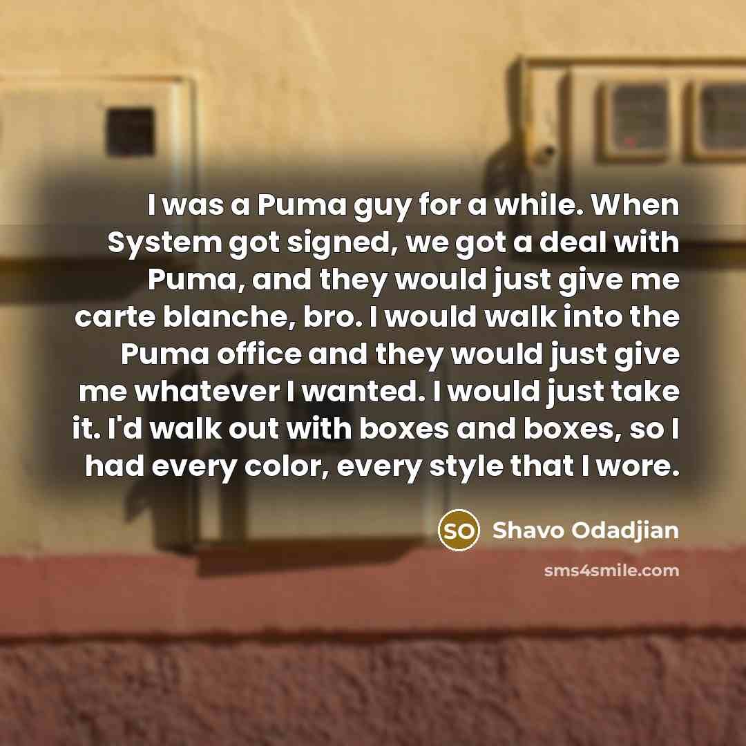 “I was a Puma guy for a while. When System got signed, we got a deal with Puma, and they would just give me carte blanche, bro. I would walk into the Puma office and they would just give me whatever I wanted. I would just take it. I'd walk out with boxes and boxes, so I had every color, every style…” quote by Shavo Odadjian