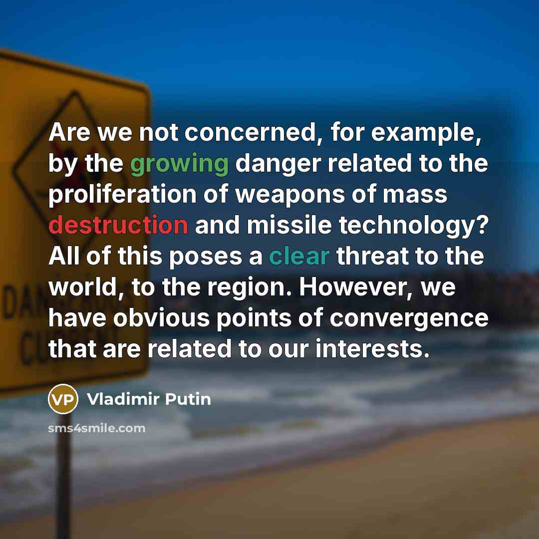 “Are we not concerned, for example, by the growing danger related to the proliferation of weapons of mass destruction and missile technology? All of this poses a clear threat to the world, to the region. However, we have obvious points of convergence that are related to our interests.” quote by Vladimir Putin