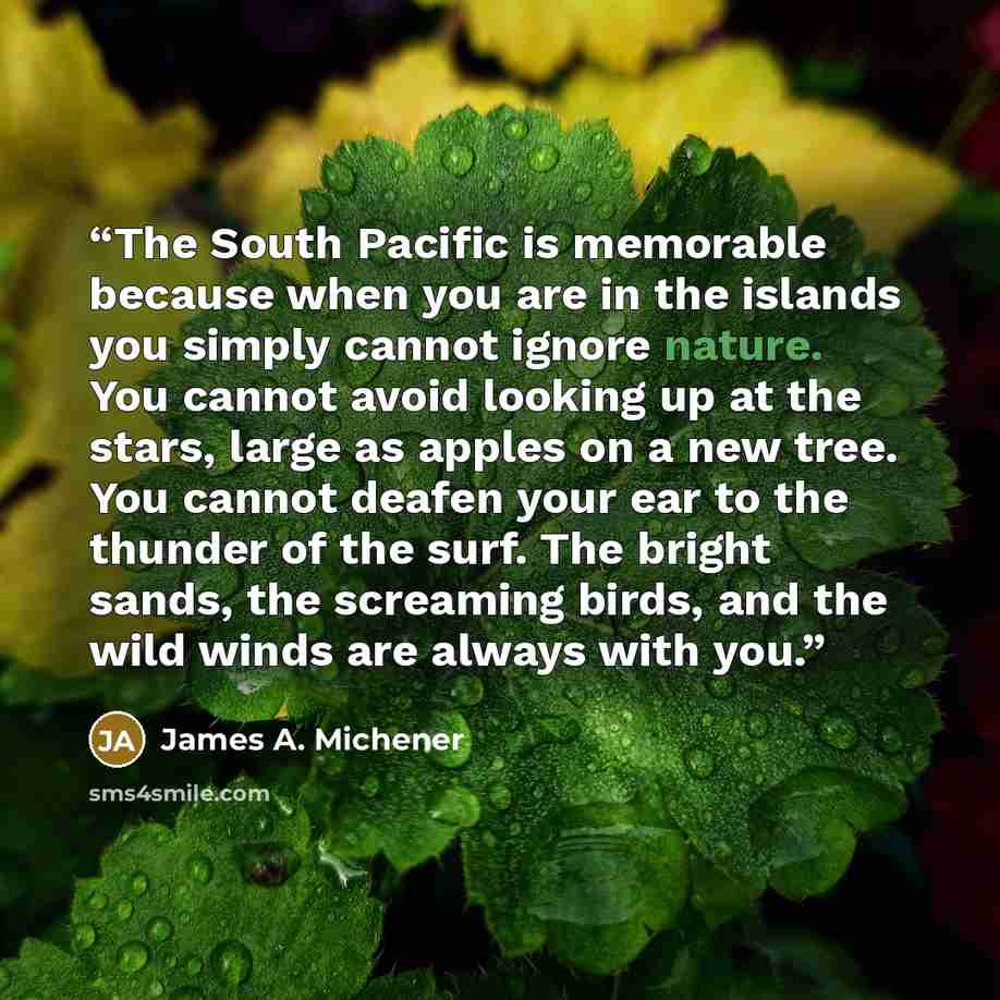 “The South Pacific is memorable because when you are in the islands you simply cannot ignore nature. You cannot avoid looking up at the stars, large as apples on a new tree. You cannot deafen your ear to the thunder of the surf. The bright sands, the screaming birds, and the wild winds are always…” quote by James A. Michener