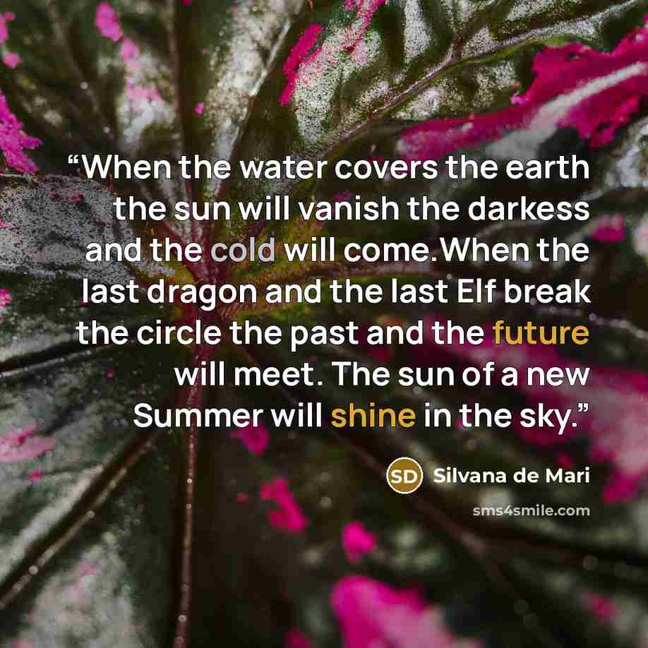 “When the water covers the earth the sun will vanish the darkess and the cold will come.When the last dragon and the last Elf break the circle the past and the future will meet. The sun of a new Summer will shine in the sky.” quote by Silvana de Mari