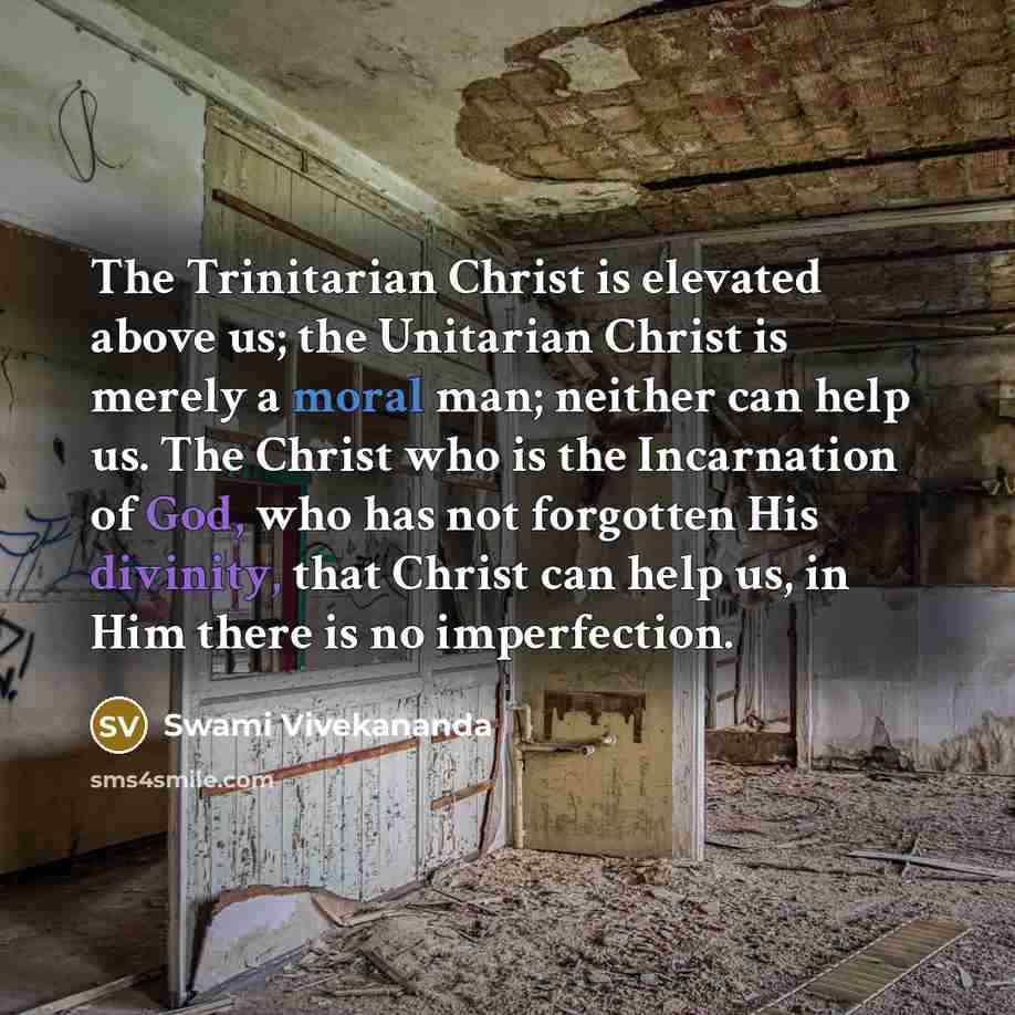 “The Trinitarian Christ is elevated above us; the Unitarian Christ is merely a moral man; neither can help us. The Christ who is the Incarnation of God, who has not forgotten His divinity, that Christ can help us, in Him there is no imperfection.” quote by Swami Vivekananda
