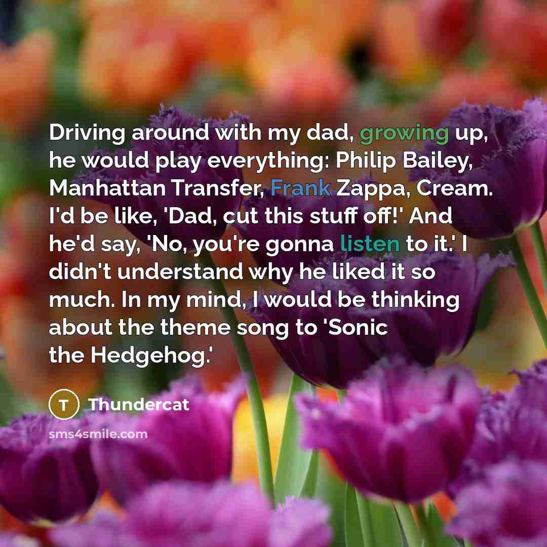“Driving around with my dad, growing up, he would play everything: Philip Bailey, Manhattan Transfer, Frank Zappa, Cream. I'd be like, 'Dad, cut this stuff off!' And he'd say, 'No, you're gonna listen to it.' I didn't understand why he liked it so much. In my mind, I would be thinking about the…” quote by Thundercat