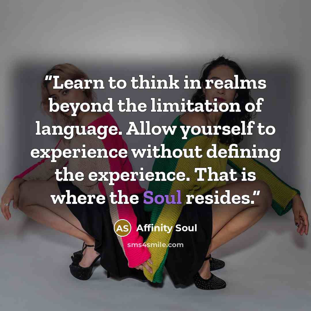 “Learn to think in realms beyond the limitation of language. Allow yourself to experience without defining the experience. That is where the Soul resides.” quote by Affinity Soul