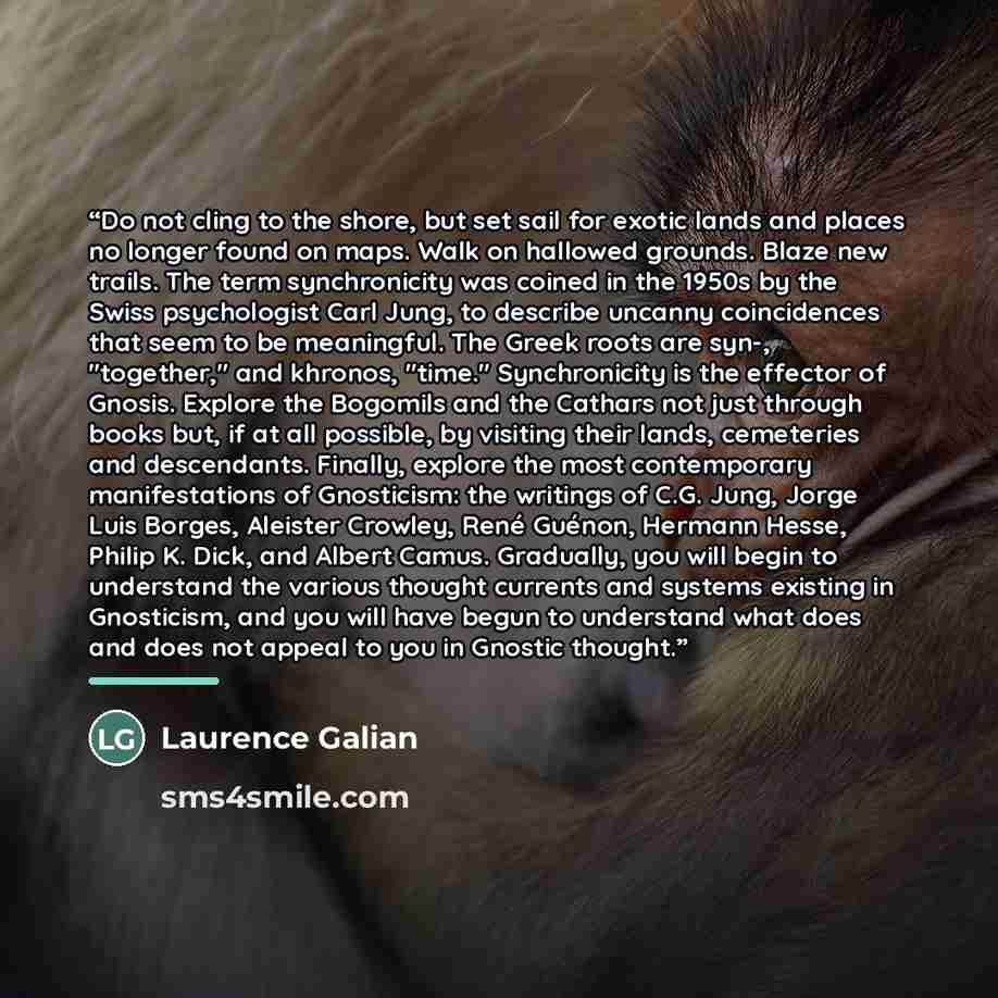 “Do not cling to the shore, but set sail for exotic lands and places no longer found on maps. Walk on hallowed grounds. Blaze new trails. The term synchronicity was coined in the 1950s by the Swiss psychologist Carl Jung, to describe uncanny coincidences that seem to be meaningful. The Greek roots…” quote by Laurence Galian