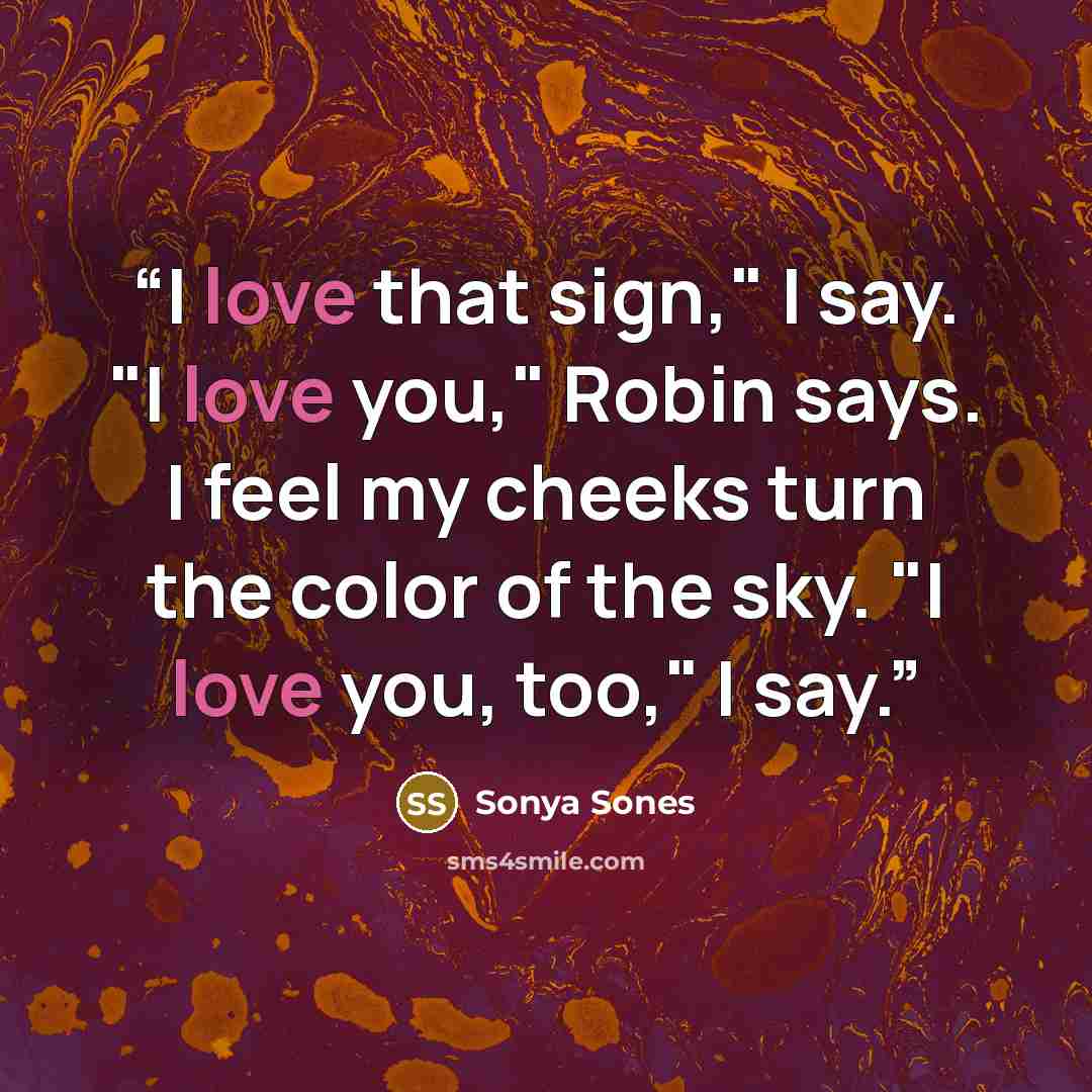 “I love that sign," I say. "I love you," Robin says. I feel my cheeks turn the color of the sky. "I love you, too," I say.” quote by Sonya Sones
