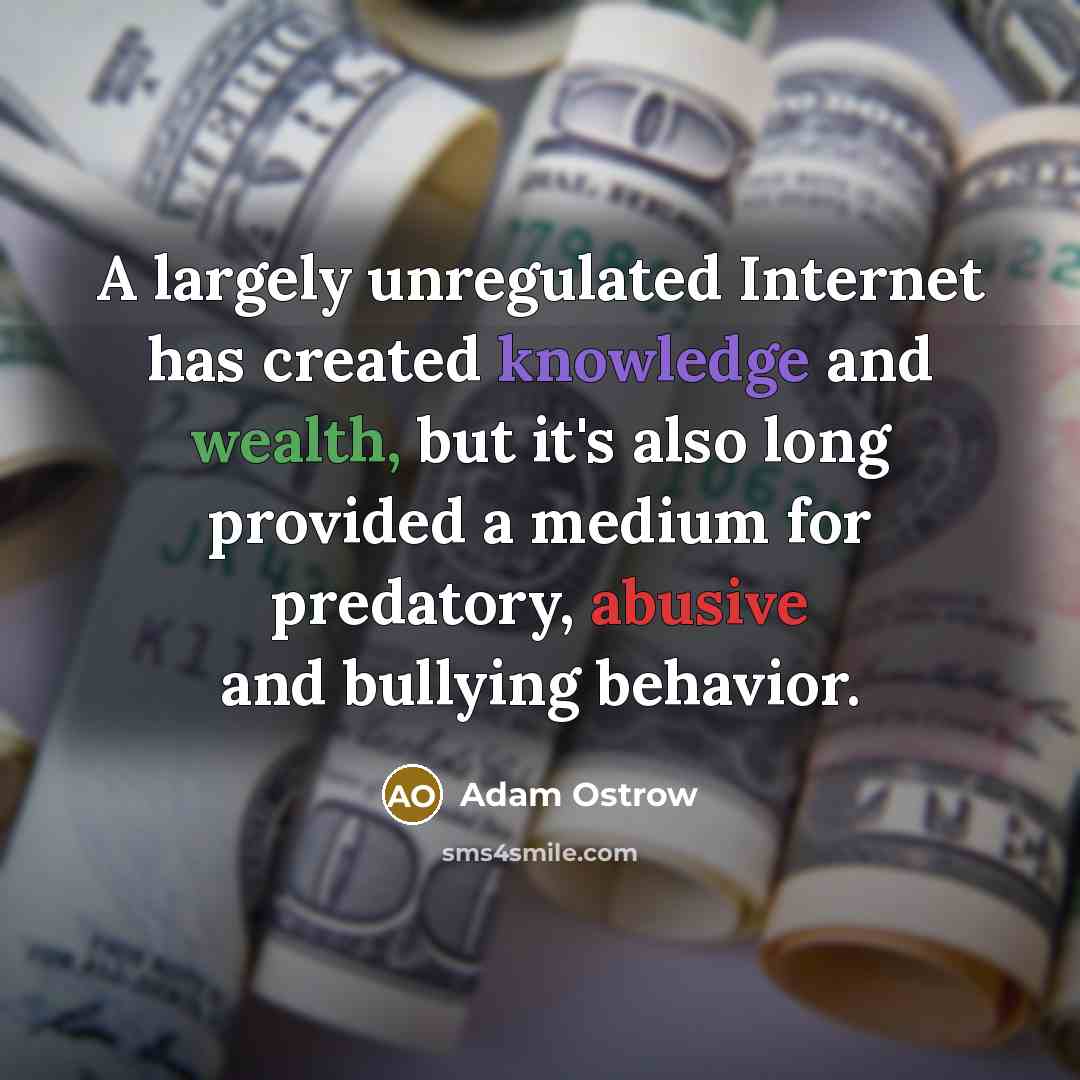 “A largely unregulated Internet has created knowledge and wealth, but it's also long provided a medium for predatory, abusive and bullying behavior.” quote by Adam Ostrow