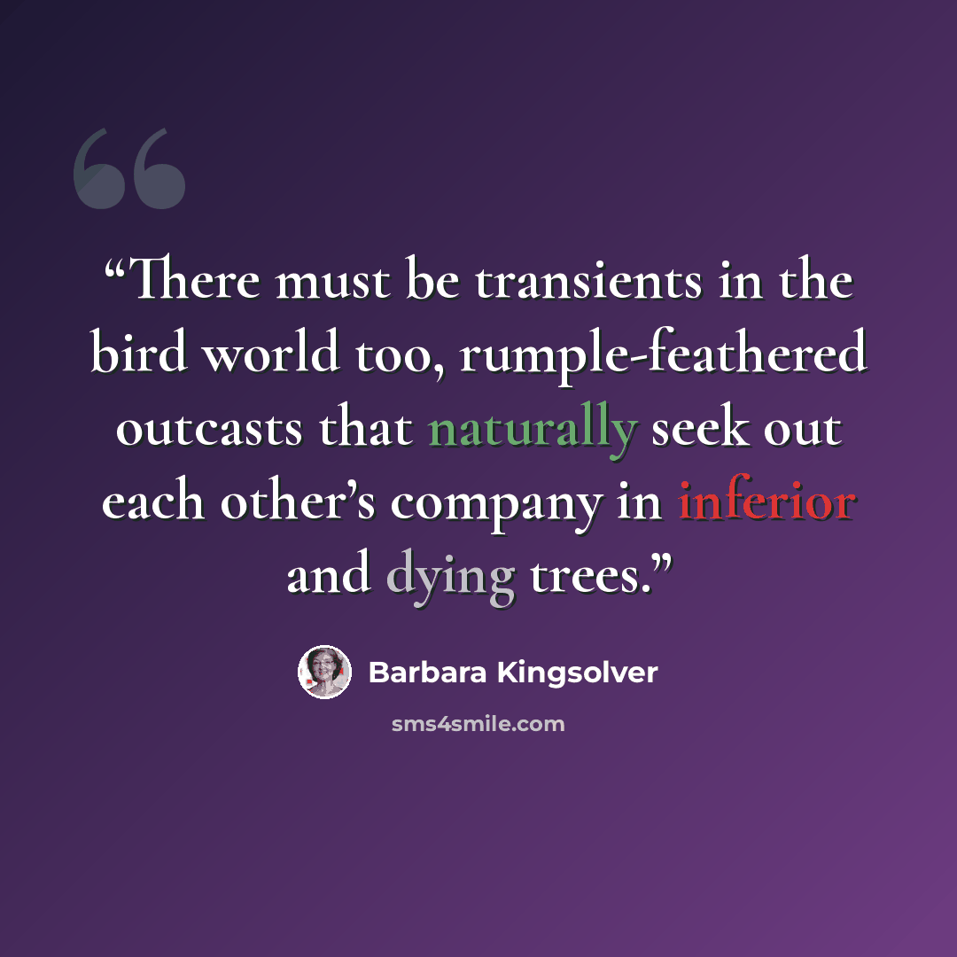 “There must be transients in the bird world too, rumple-feathered outcasts that naturally seek out each other’s company in inferior and dying trees.” quote by Barbara Kingsolver