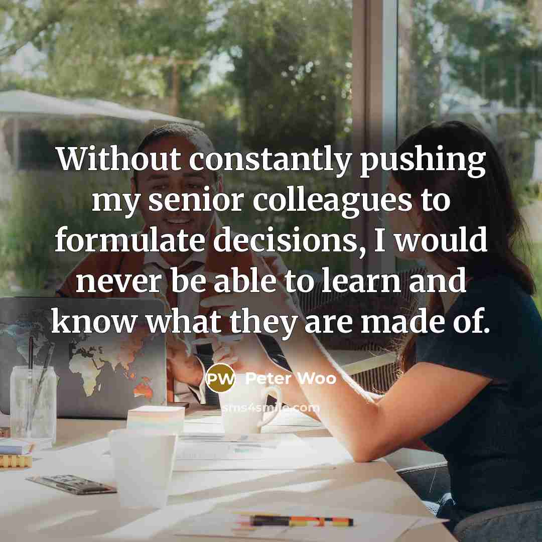“Without constantly pushing my senior colleagues to formulate decisions, I would never be able to learn and know what they are made of.” quote by Peter Woo