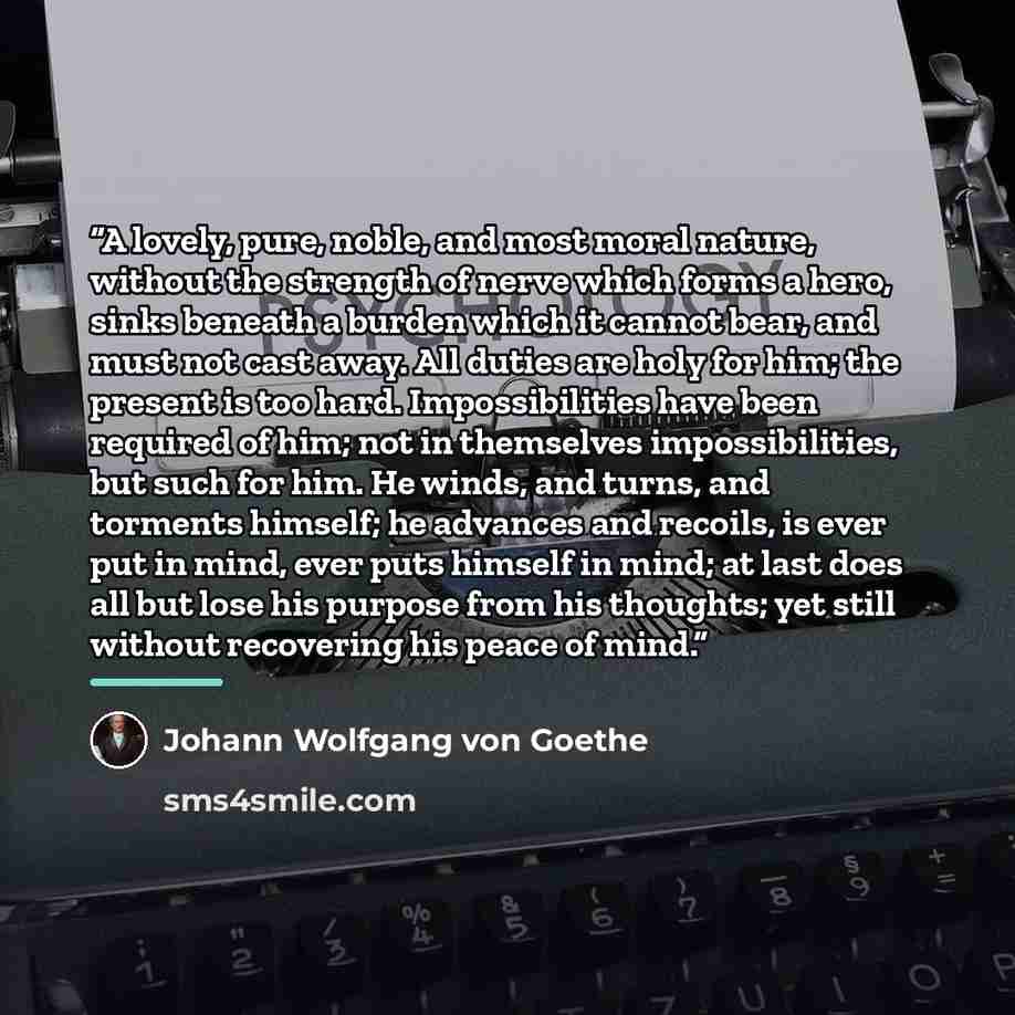 “A lovely, pure, noble, and most moral nature, without the strength of nerve which forms a hero, sinks beneath a burden which it cannot bear, and must not cast away. All duties are holy for him; the present is too hard. Impossibilities have been required of him; not in themselves impossibilities…” quote by Johann Wolfgang von Goethe