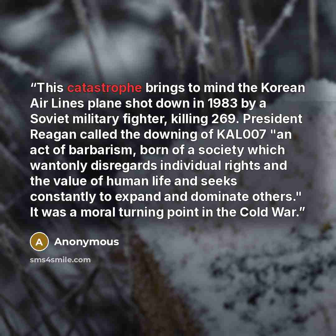 “This catastrophe brings to mind the Korean Air Lines plane shot down in 1983 by a Soviet military fighter, killing 269. President Reagan called the downing of KAL007 "an act of barbarism, born of a society which wantonly disregards individual rights and the value of human life and seeks constantly…” quote by Anonymous