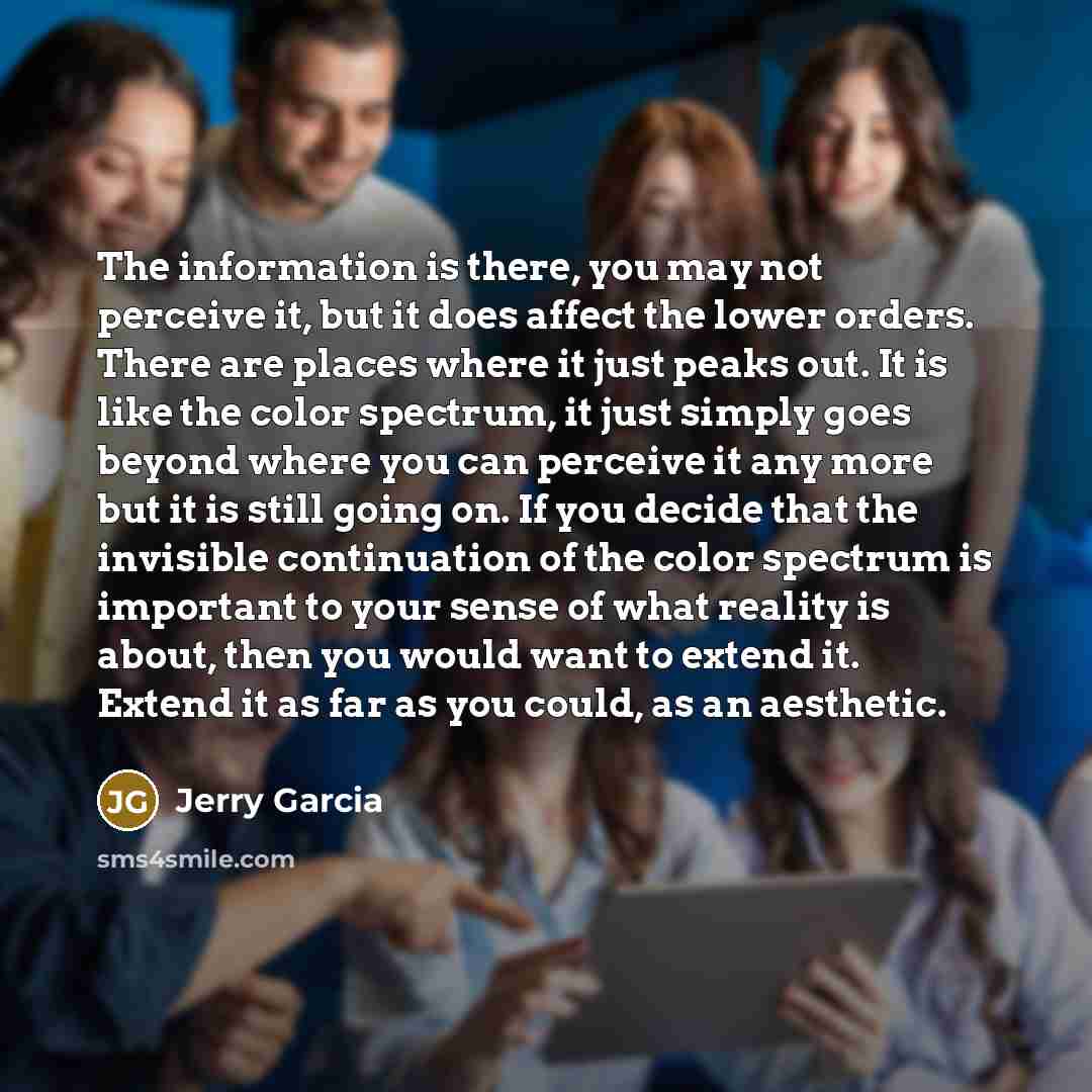 “The information is there, you may not perceive it, but it does affect the lower orders. There are places where it just peaks out. It is like the color spectrum, it just simply goes beyond where you can perceive it any more but it is still going on. If you decide that the invisible continuation of…” quote by Jerry Garcia