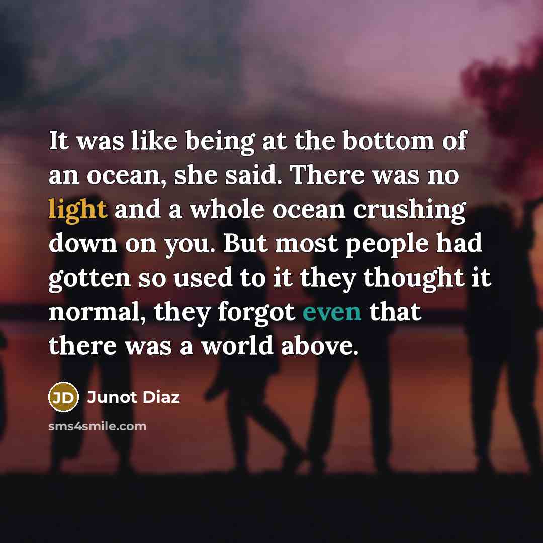 “It was like being at the bottom of an ocean, she said. There was no light and a whole ocean crushing down on you. But most people had gotten so used to it they thought it normal, they forgot even that there was a world above.” quote by Junot Diaz