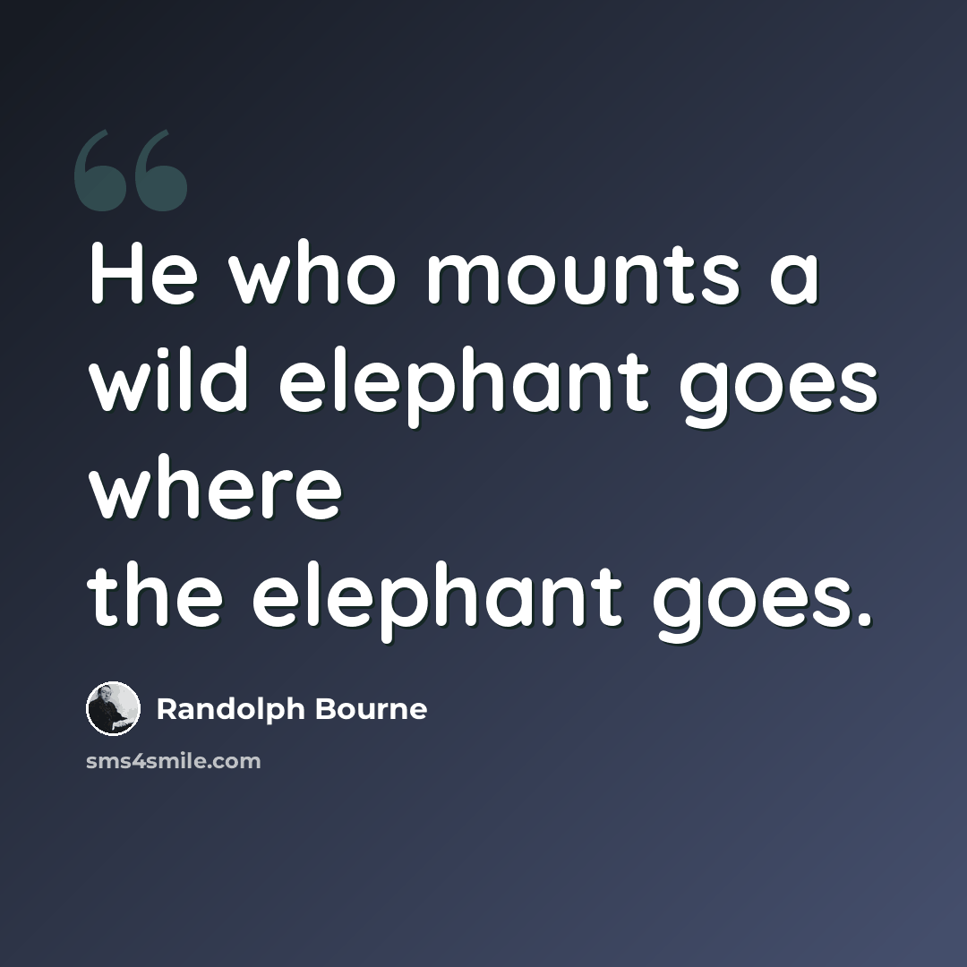 “He who mounts a wild elephant goes where the elephant goes.” quote by Randolph Bourne