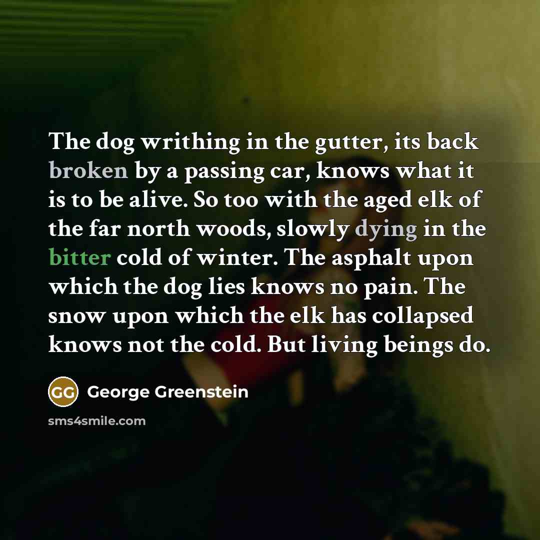“The dog writhing in the gutter, its back broken by a passing car, knows what it is to be alive. So too with the aged elk of the far north woods, slowly dying in the bitter cold of winter. The asphalt upon which the dog lies knows no pain. The snow upon which the elk has collapsed knows not the…” quote by George Greenstein