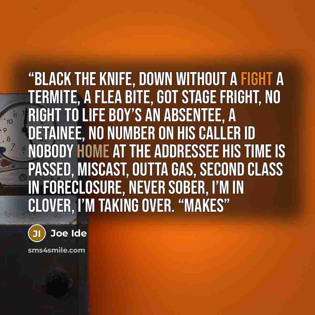 “Black the Knife, down without a fight A termite, a flea bite, Got stage fright, no right to life Boy’s an absentee, a detainee, no number on his caller ID Nobody home at the addressee His time is passed, miscast, outta gas, second class In foreclosure, never sober, I’m in clover, I’m taking over…” quote by Joe Ide