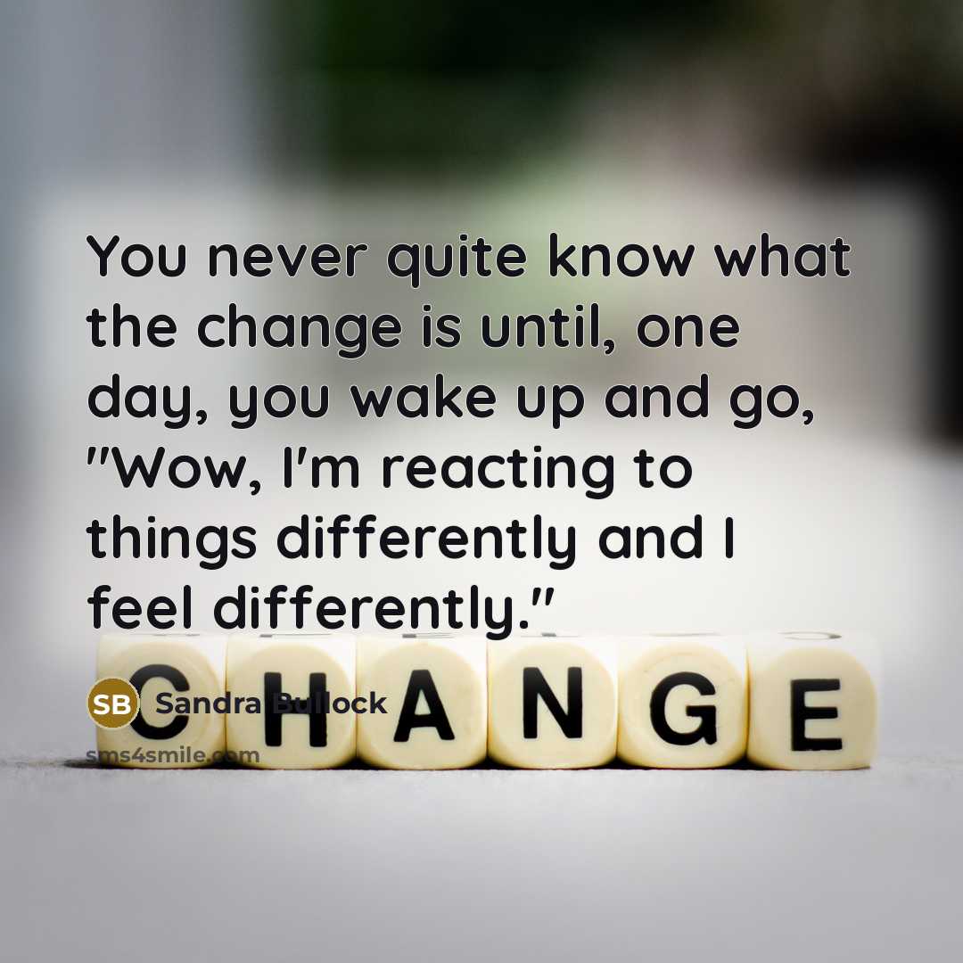 “You never quite know what the change is until, one day, you wake up and go, "Wow, I'm reacting to things differently and I feel differently."” quote by Sandra Bullock
