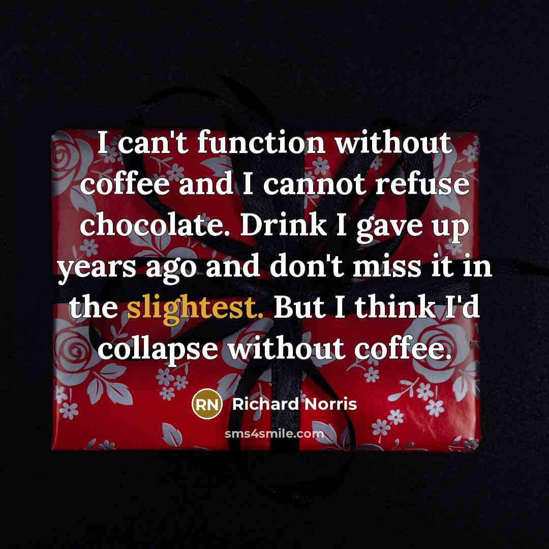 “I can't function without coffee and I cannot refuse chocolate. Drink I gave up years ago and don't miss it in the slightest. But I think I'd collapse without coffee.” quote by Richard Norris