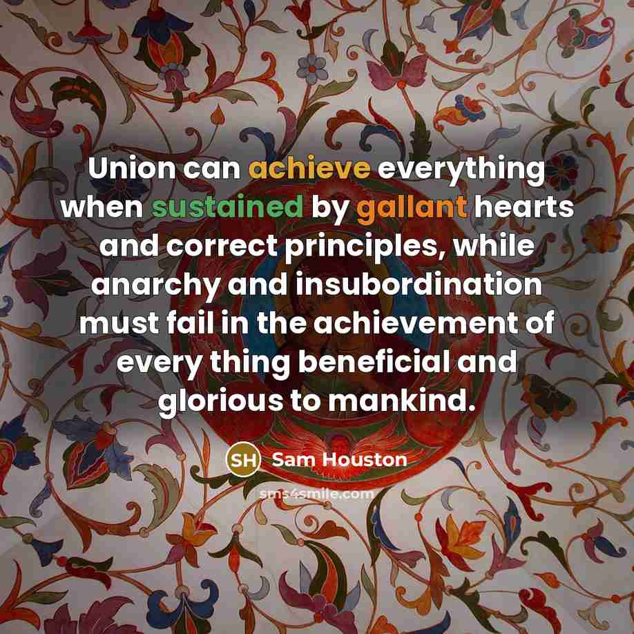 “Union can achieve everything when sustained by gallant hearts and correct principles, while anarchy and insubordination must fail in the achievement of every thing beneficial and glorious to mankind.” quote by Sam Houston