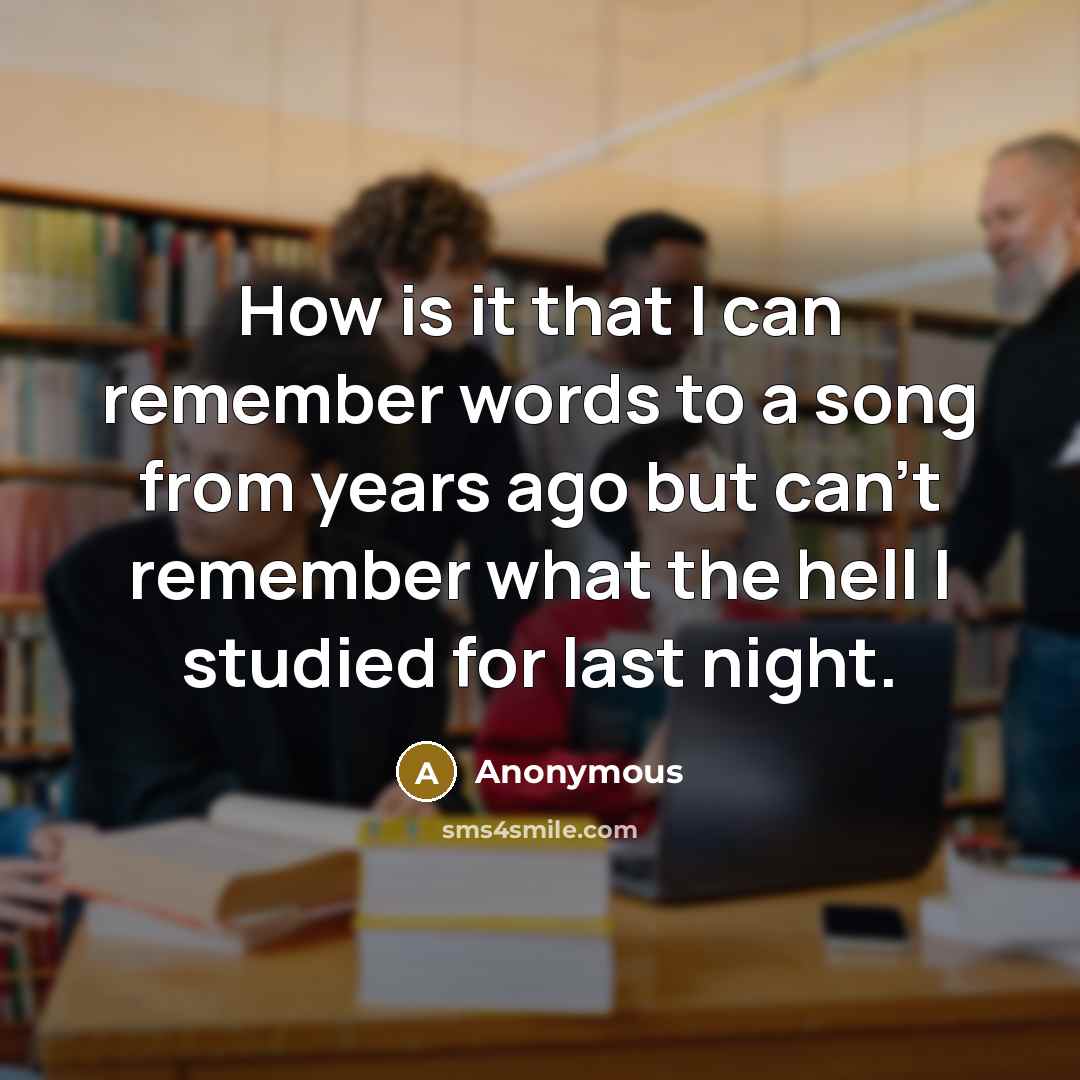 “How is it that I can remember words to a song from years ago but can't remember what the hell I studied for last night.” quote by Anonymous