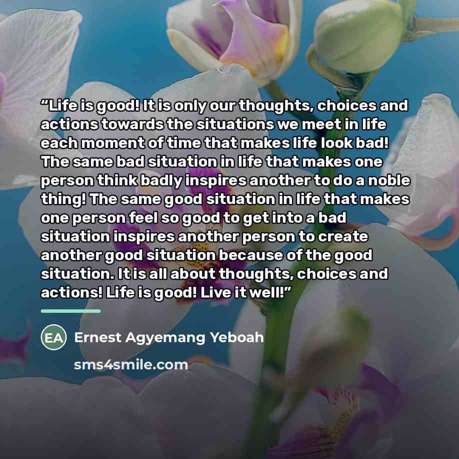 “Life is good! It is only our thoughts, choices and actions towards the situations we meet in life each moment of time that makes life look bad! The same bad situation in life that makes one person think badly inspires another to do a noble thing! The same good situation in life that makes one…” quote by Ernest Agyemang Yeboah