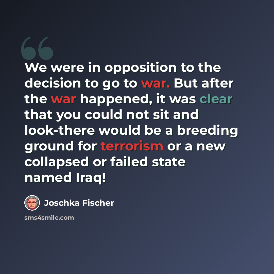 “We were in opposition to the decision to go to war. But after the war happened, it was clear that you could not sit and look-there would be a breeding ground for terrorism or a new collapsed or failed state named Iraq!” quote by Joschka Fischer
