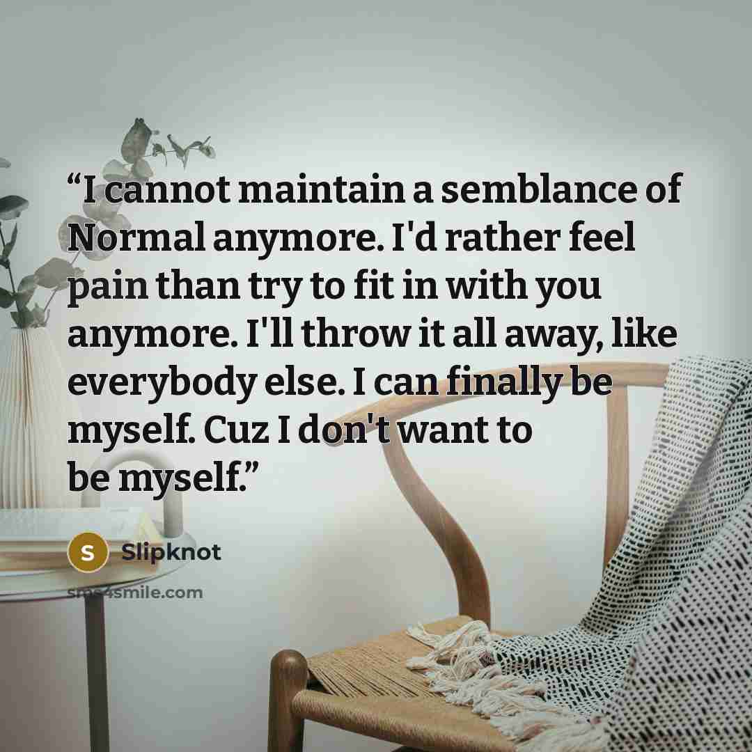“I cannot maintain a semblance of Normal anymore. I'd rather feel pain than try to fit in with you anymore. I'll throw it all away, like everybody else. I can finally be myself. Cuz I don't want to be myself.” quote by Slipknot