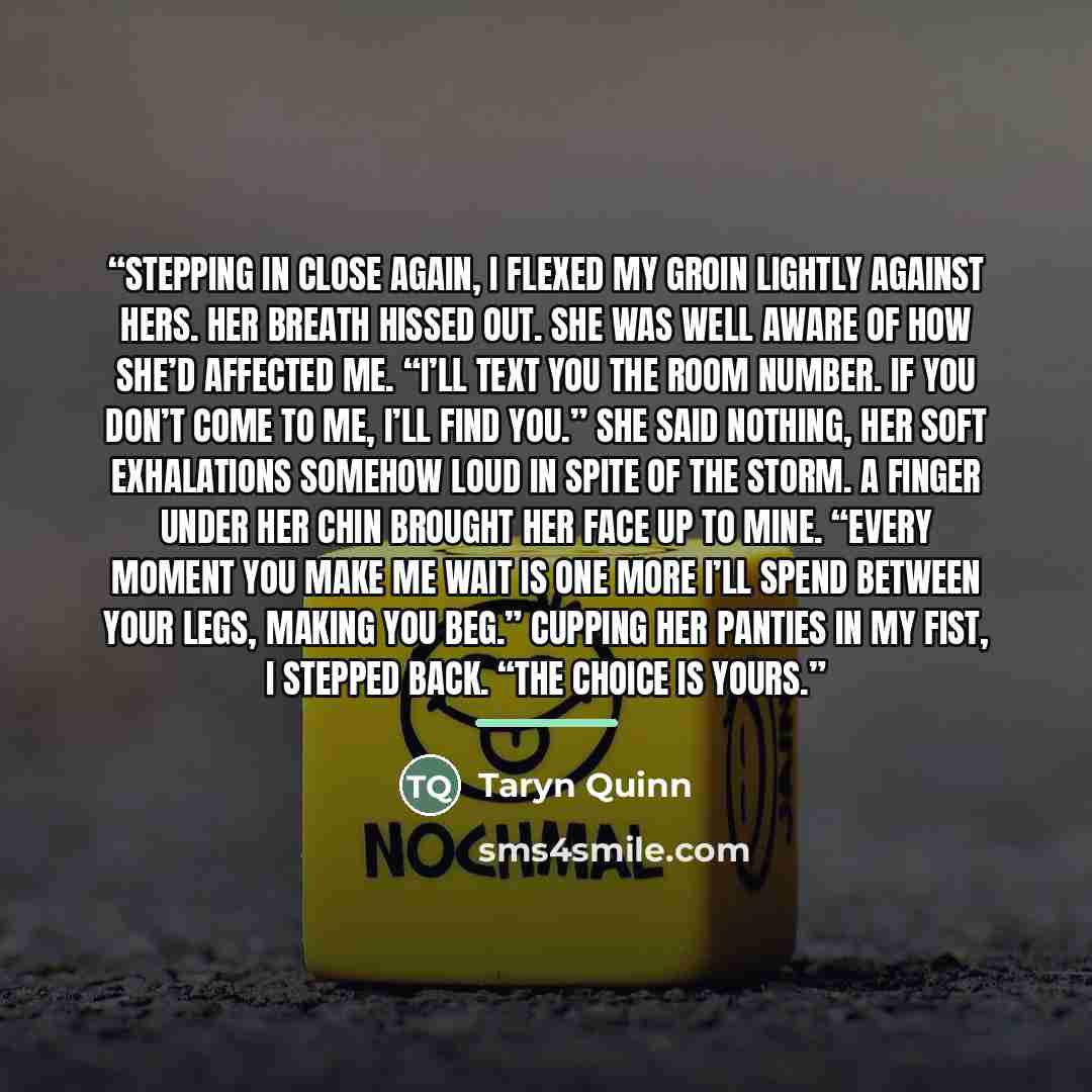 “Stepping in close again, I flexed my groin lightly against hers. Her breath hissed out. She was well aware of how she’d affected me. “I’ll text you the room number. If you don’t come to me, I’ll find you.” She said nothing, her soft exhalations somehow loud in spite of the storm. A finger under…” quote by Taryn Quinn