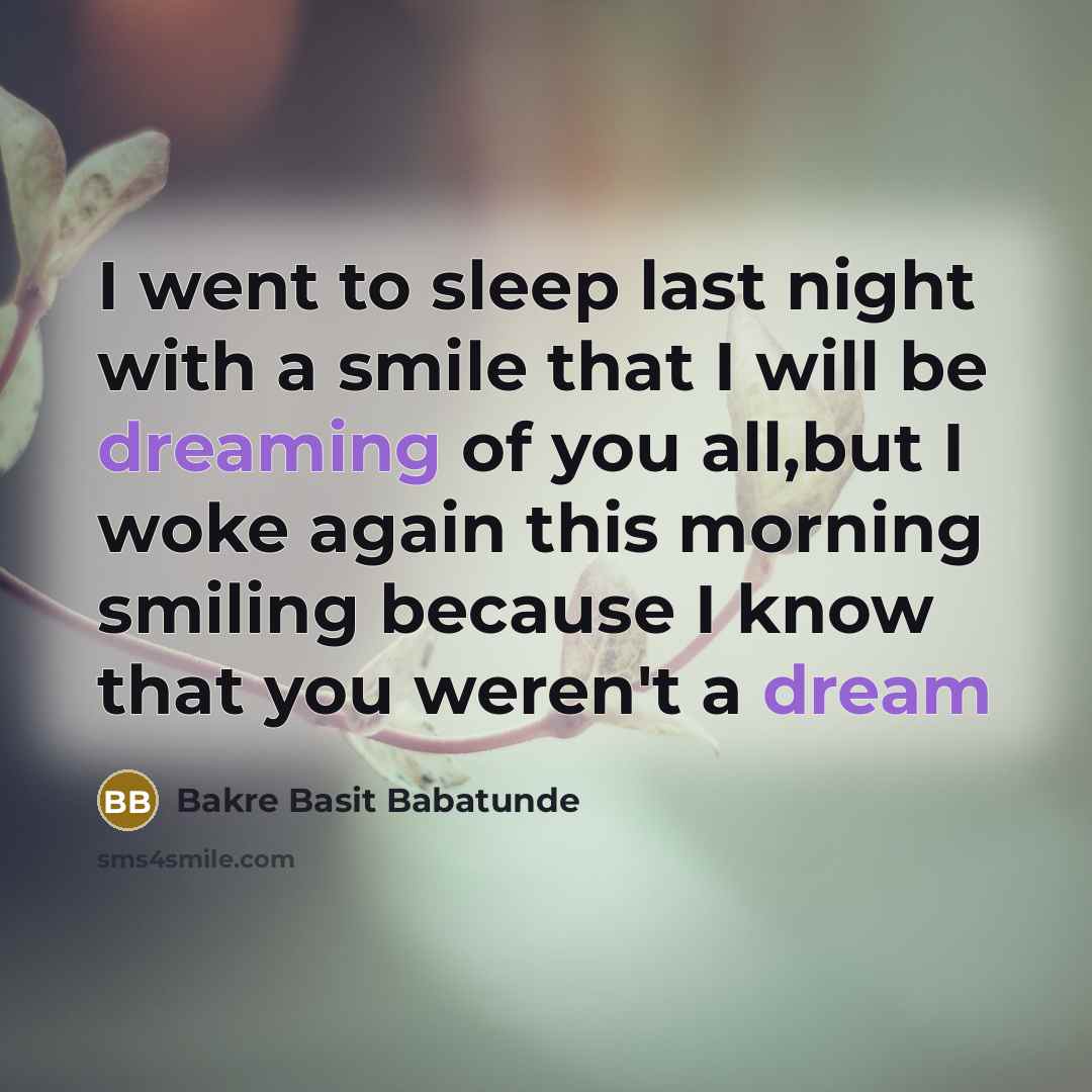 “I went to sleep last night with a smile that I will be dreaming of you all,but I woke again this morning smiling because I know that you weren't a dream” quote by Bakre Basit Babatunde