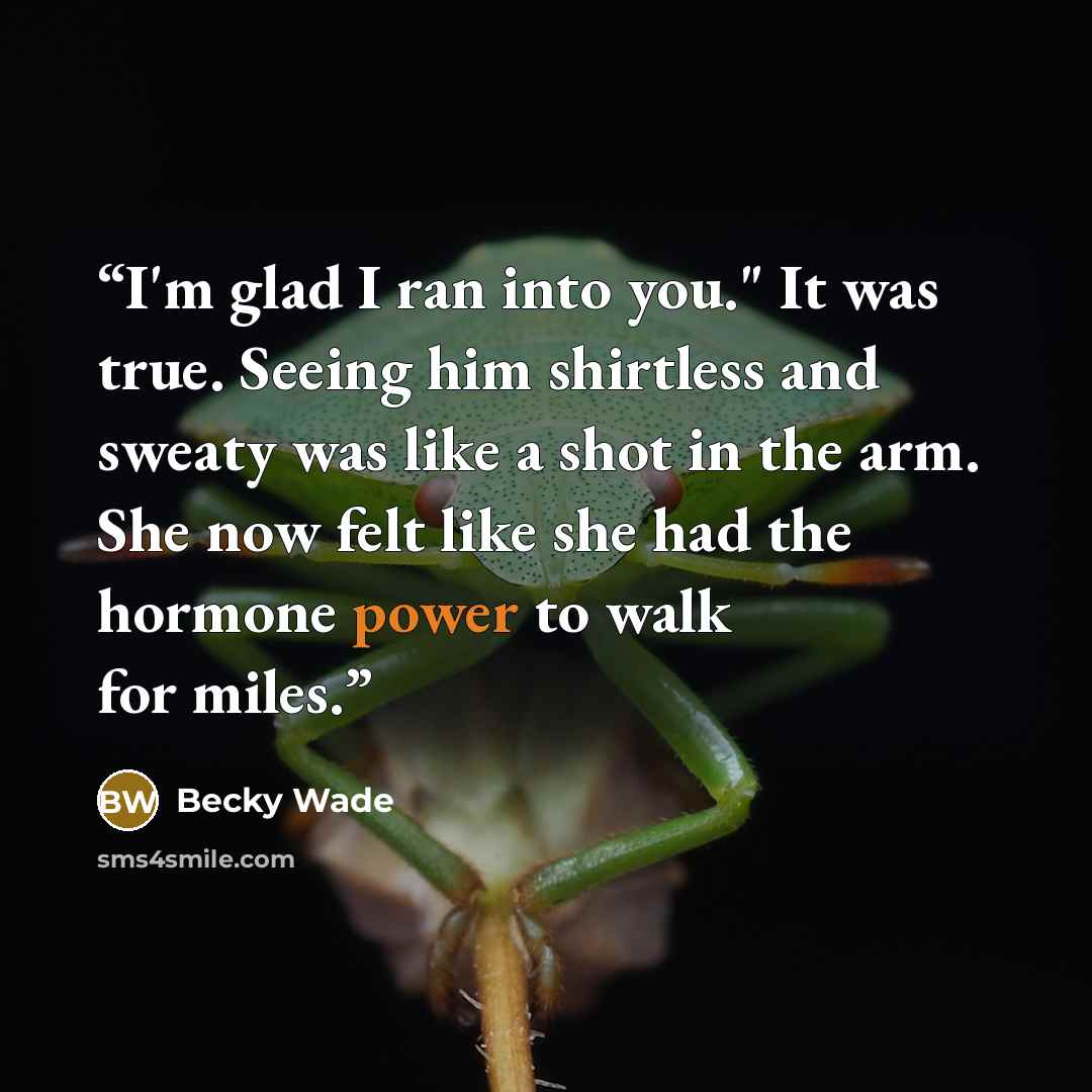 “I'm glad I ran into you." It was true. Seeing him shirtless and sweaty was like a shot in the arm. She now felt like she had the hormone power to walk for miles.” quote by Becky Wade
