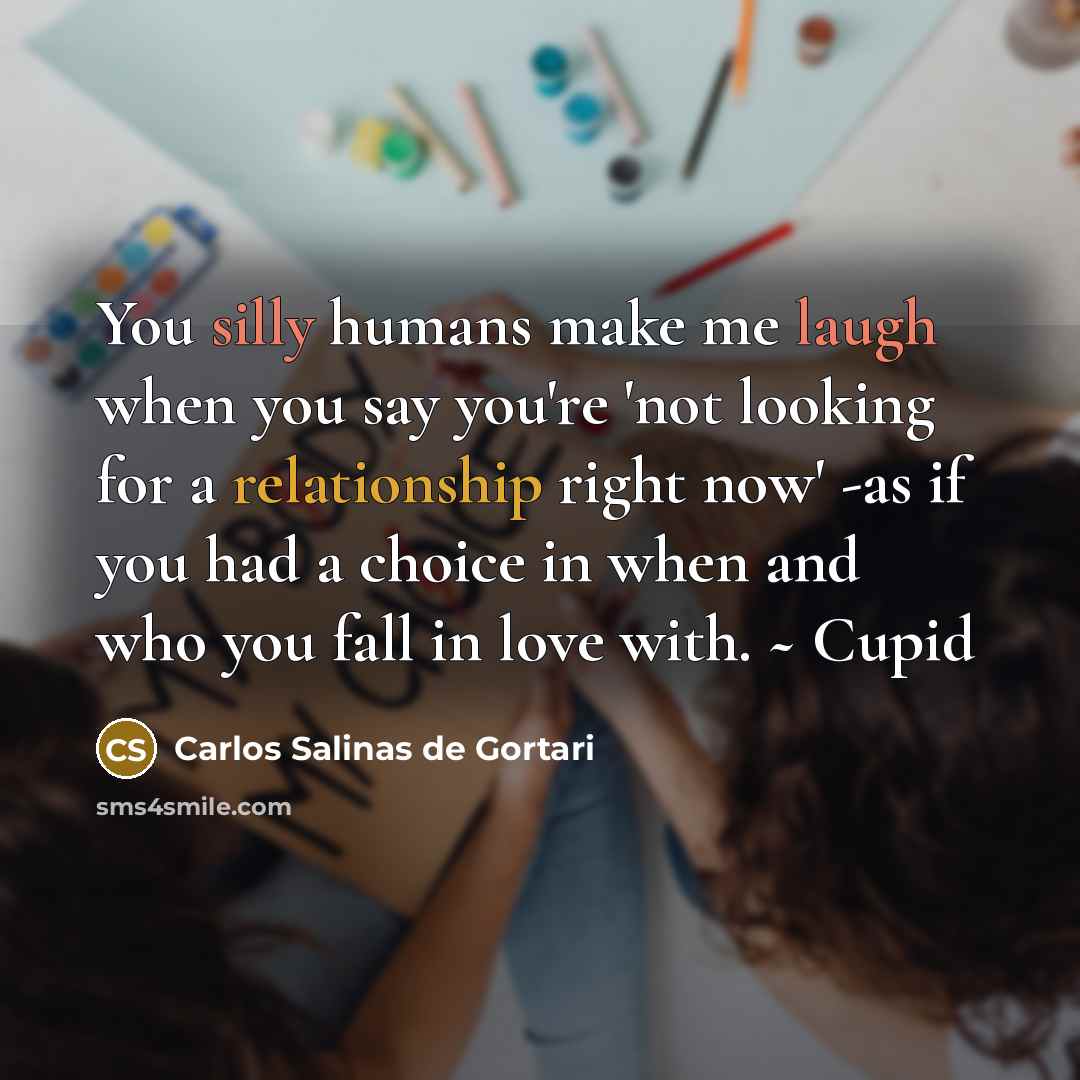 “You silly humans make me laugh when you say you're 'not looking for a relationship right now' -as if you had a choice in when and who you fall in love with. ~ Cupid” quote by Carlos Salinas de Gortari