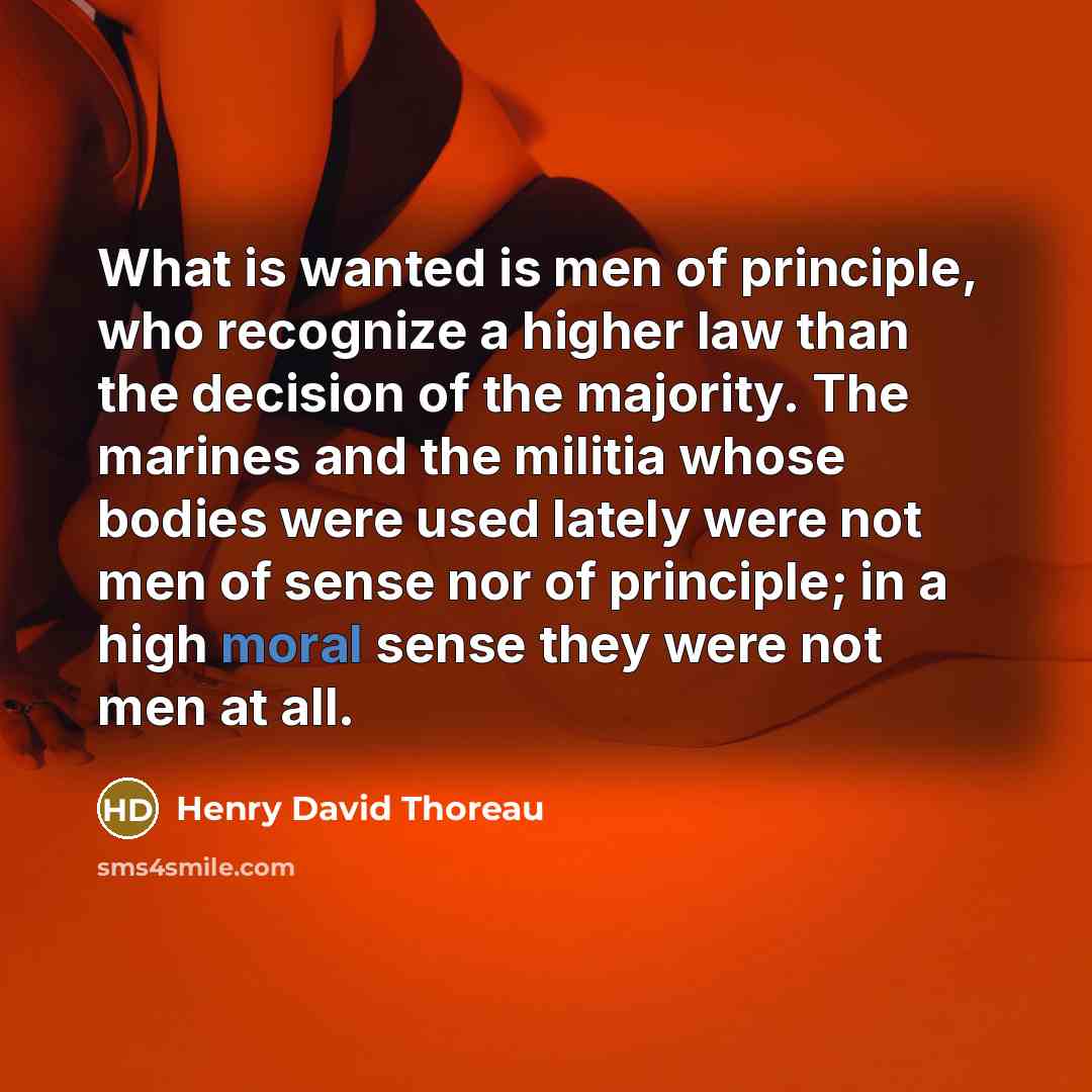 “What is wanted is men of principle, who recognize a higher law than the decision of the majority. The marines and the militia whose bodies were used lately were not men of sense nor of principle; in a high moral sense they were not men at all.” quote by Henry David Thoreau