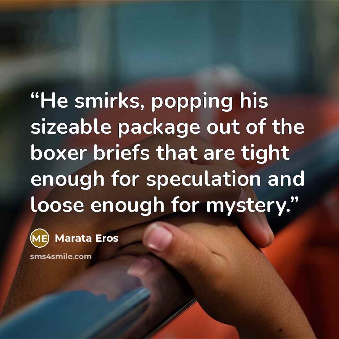 “He smirks, popping his sizeable package out of the boxer briefs that are tight enough for speculation and loose enough for mystery.” quote by Marata Eros