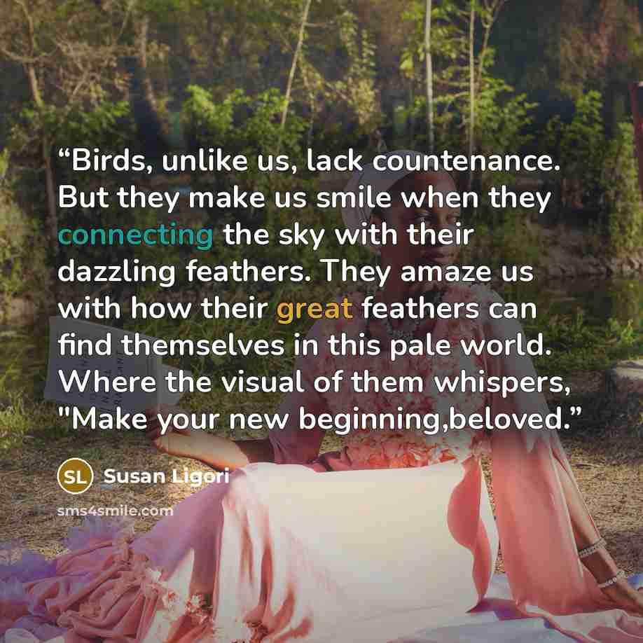 “Birds, unlike us, lack countenance. But they make us smile when they connecting the sky with their dazzling feathers. They amaze us with how their great feathers can find themselves in this pale world. Where the visual of them whispers, "Make your new beginning,beloved.” quote by Susan Ligori